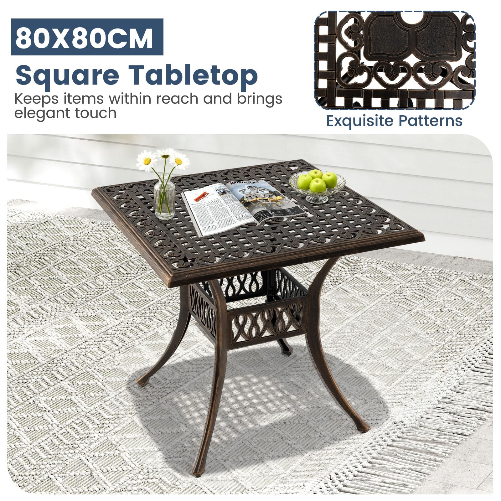 GIANTEX Gartentisch, Balkontisch 80 cm, Bistrotisch mit φ5 cm Schirmloch, Terrassentisch aus Gussaluminium mit verstellbaren Füßen, Esstisch wetterfester, Kaffeetisch für Garten (Quadratisch)