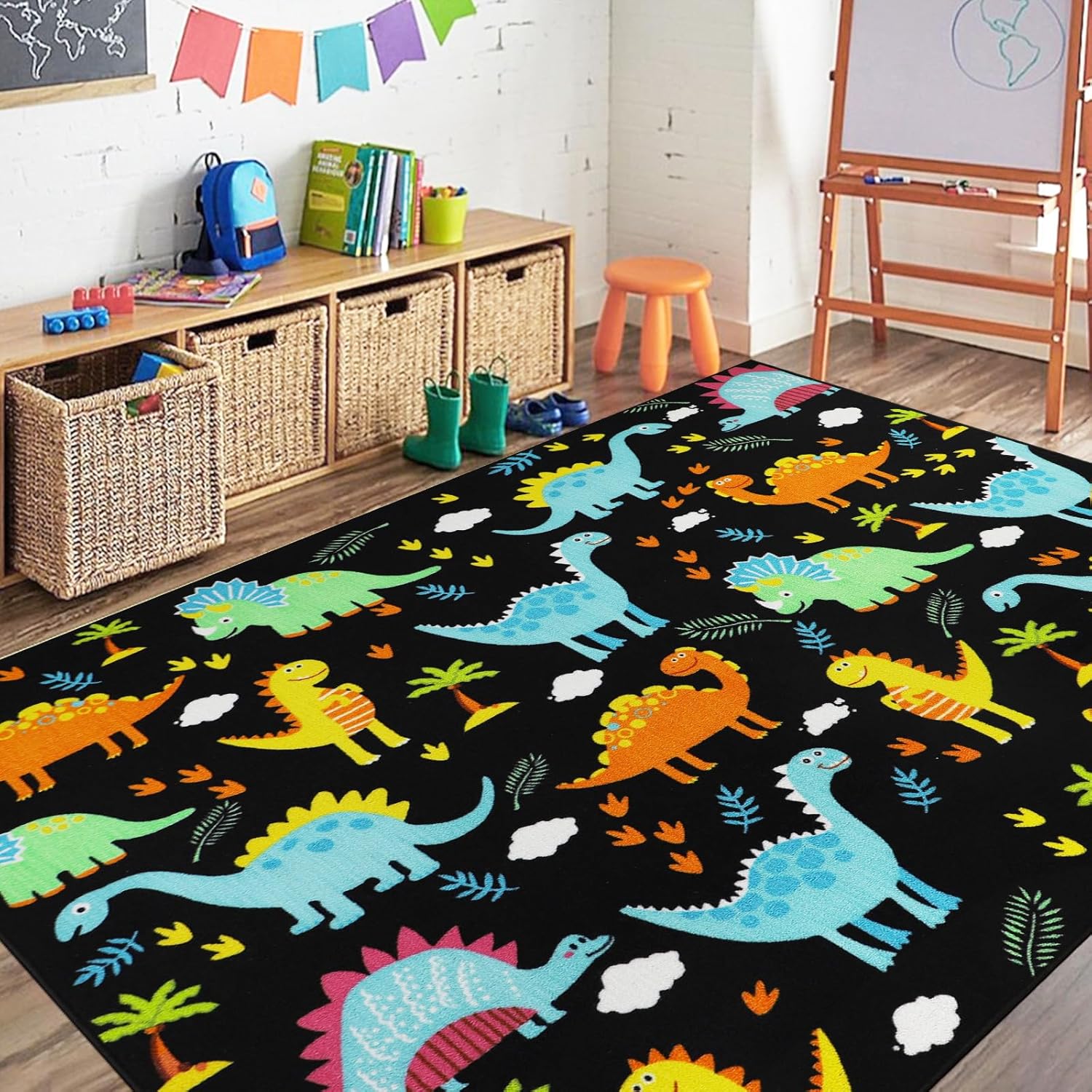 Capslpad Large Kids Rug 5'×6.6' Black Dinosaur Play Carpet Rugs for