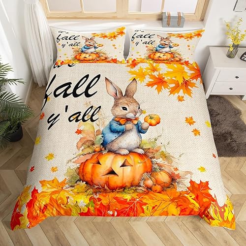 Juego de funda de edredón de temporada de otoño para niños y niñas, juego de ropa de cama de cosecha de otoño, funda de edredón de conejo de dibujos