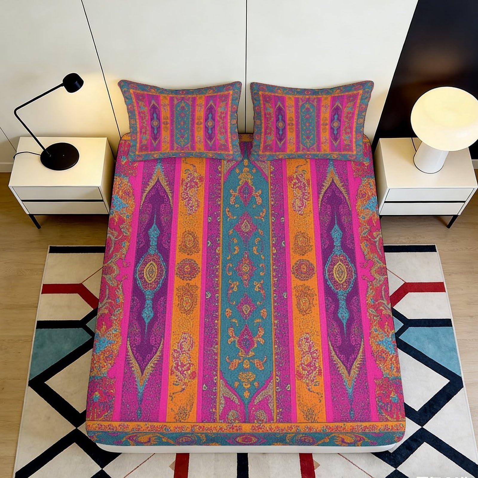 3D Printed Bohemian Pattern Fitted Sheet Microfiber Soft Durable Vibrant Striped Mattress Cover for Bedroom Dormitory Guest Room Easy Care 180x200x25cm