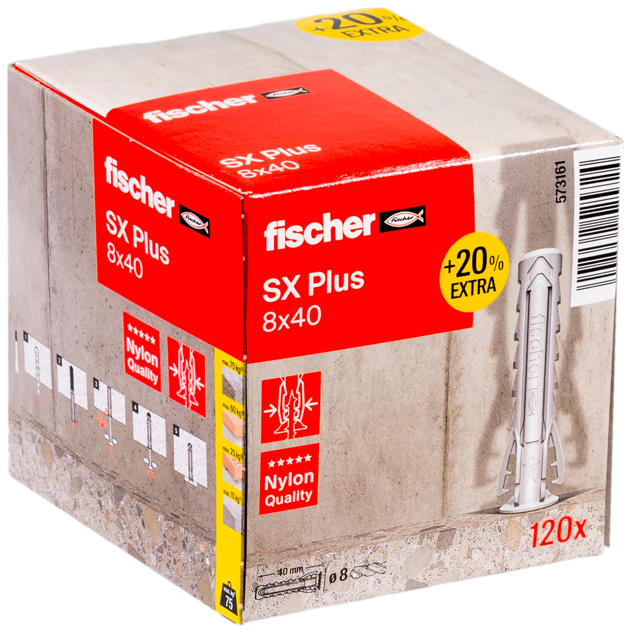 fischer - SX Plus 8x40 Multi-Material Nylon Dowel + 20% Free Extra Content/Box of 120