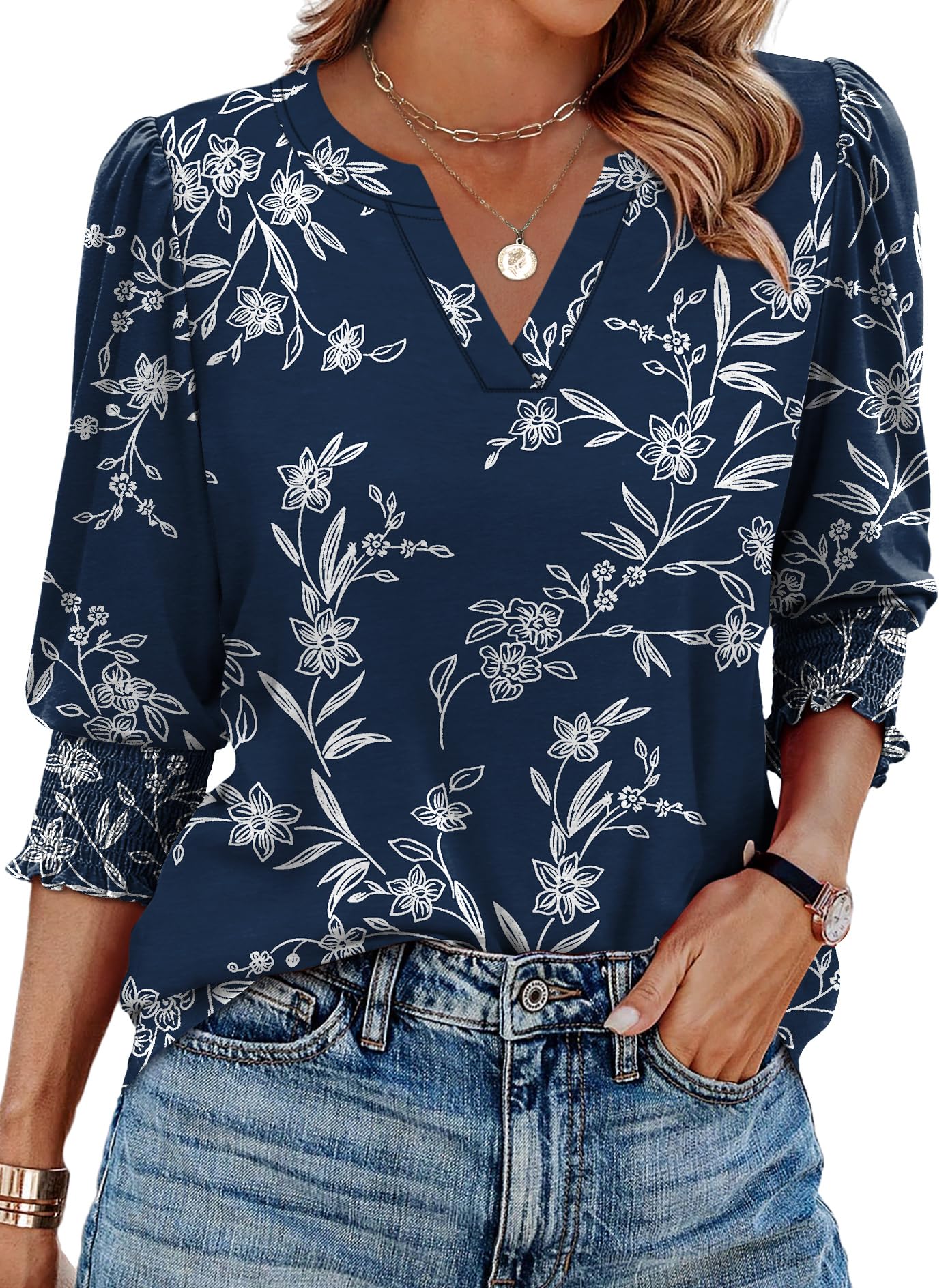 XIEERDUO Blouses for Women Dressy Casual 3/4 Length Sleeve Womens Tops V Neck T Shirts with Smocked Cuffs OEKO-TEX STANDARD 100