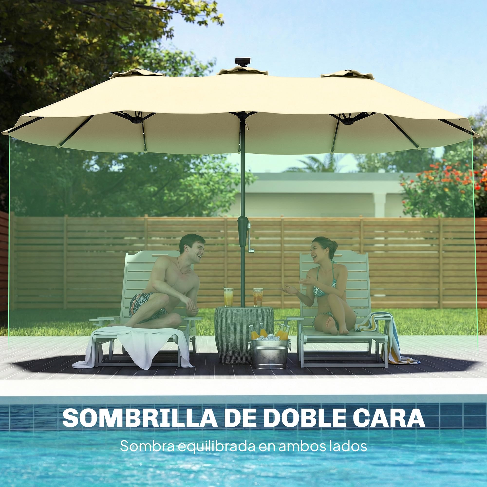 Outsunny Sombrilla Doble con 36 Luces LED Solares 4x2 m | Sombrilla Terraza Exterior, Manivela, UPF50+, 12 Varillas, Resistente al Agua, Parasol para Jardín, Terraza, Patio