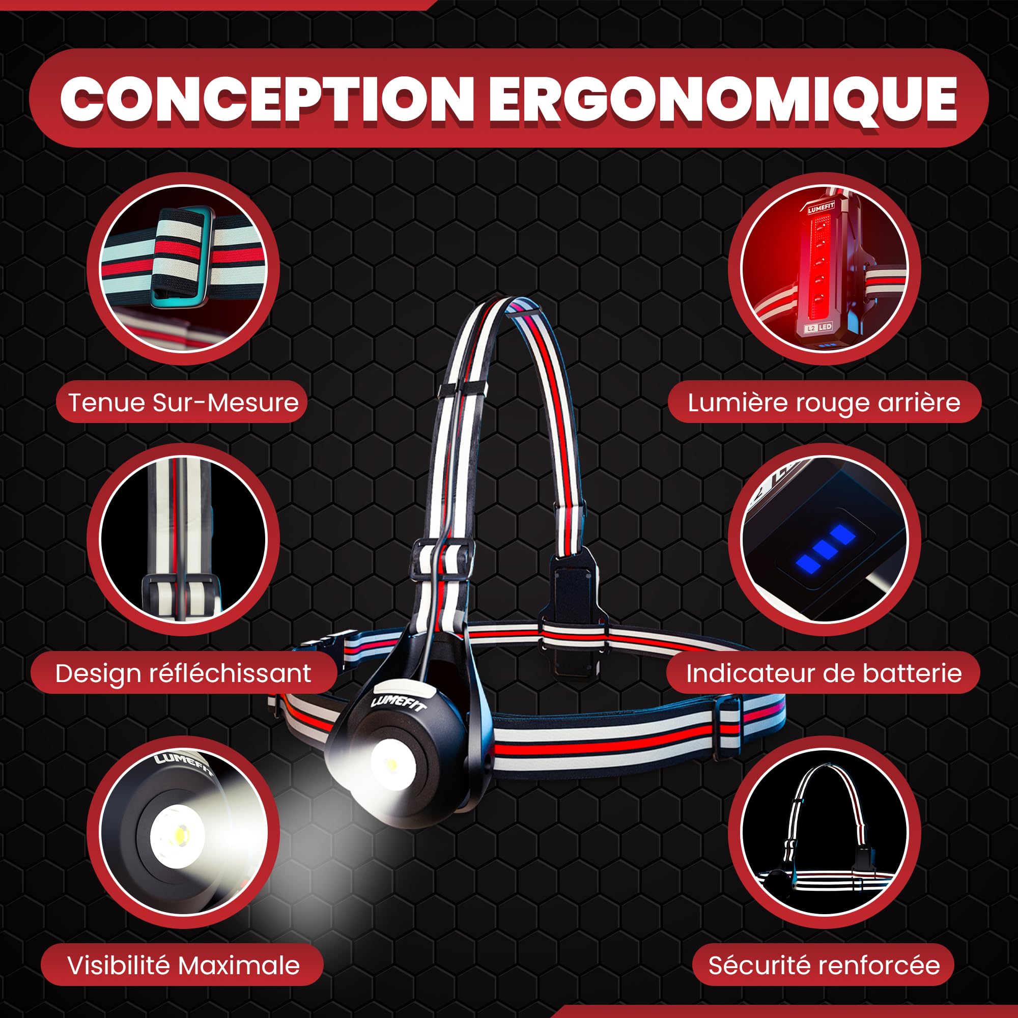 LUMEFIT Lampe Course à Pied - LED Sécurité Ultra Lumineuses et Bandes Réfléchissantes à 360° pour Jogging et Randonnée - Légère et Confortable - Batterie Longue Durée, Rechargeable Via USB
