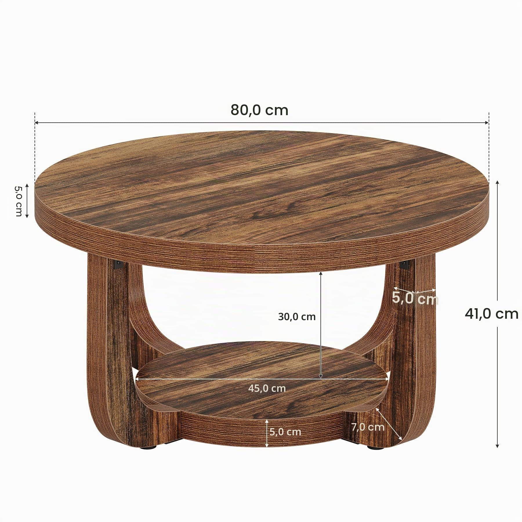 Tribesigns - Tavolino rotondo da caffè, tavolino a 2 ripiani con spazio di archiviazione, tavolino centrale in legno moderno per soggiorno, piano e base spessi, marrone rustico