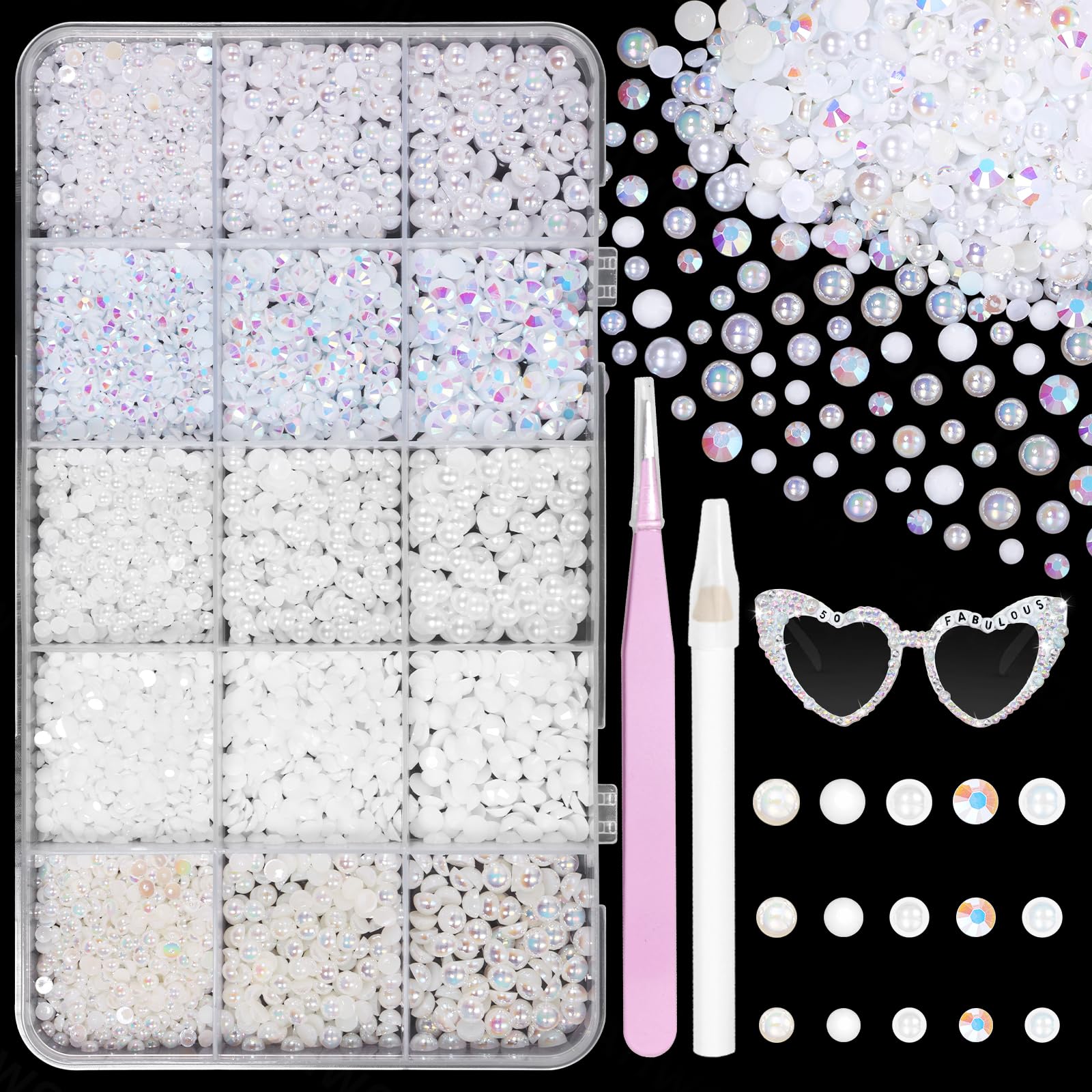 Tatiwoo 12,000 Pieces White Rhinestone Pearls Flat Bottom for Crafts, Gelatinous Resin 3-5mm, Half Pearl Mixed Size, Stunning Nail Jewelry, DIY Crafts, Mug-image-29