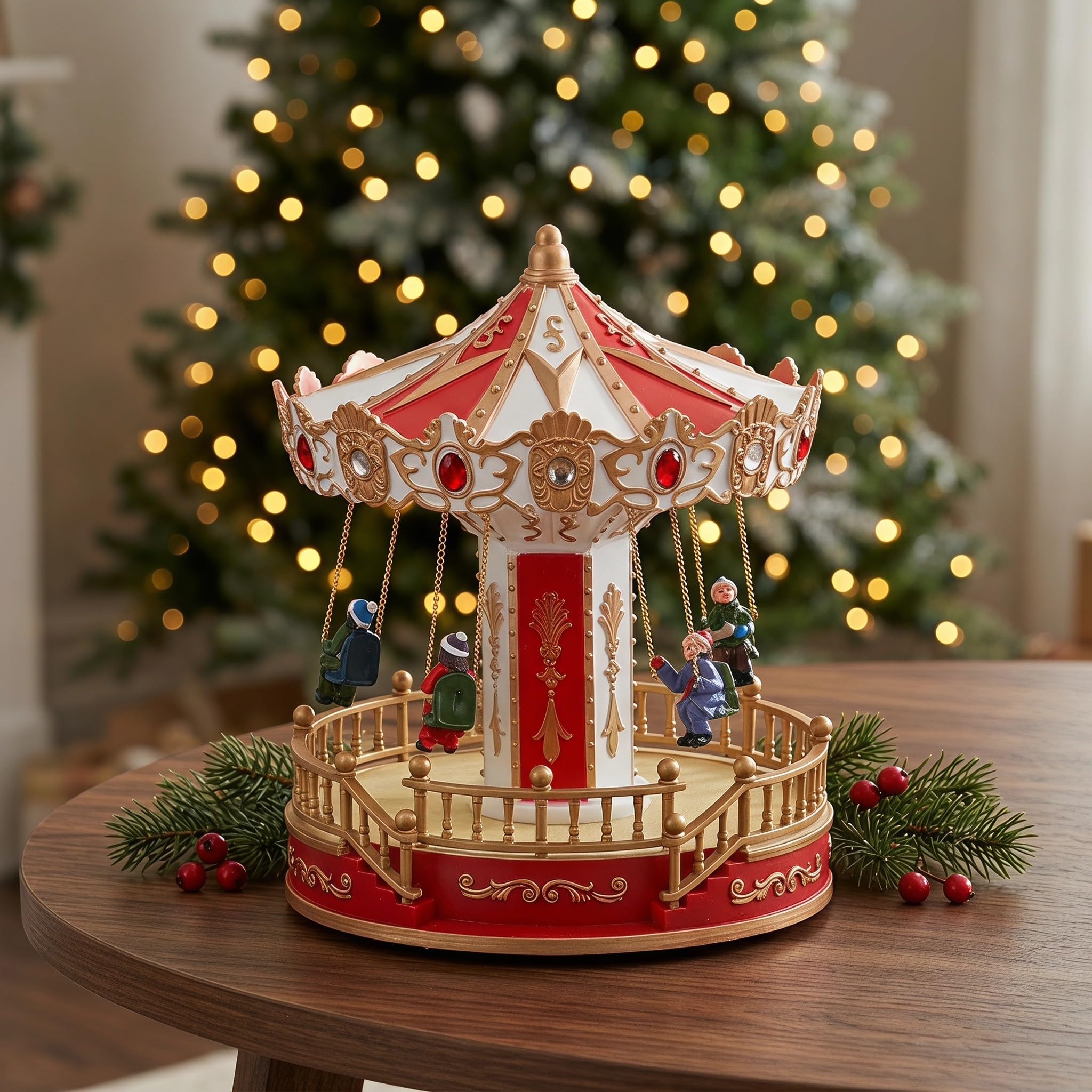 TOYANDONA Giostra natalizia illuminata: giostra rotante in resina - Decorazione da tavolo con Babbo Natale a LED e musica - Statuetta musicale a forma di altalena per le feste, ideale per decorare