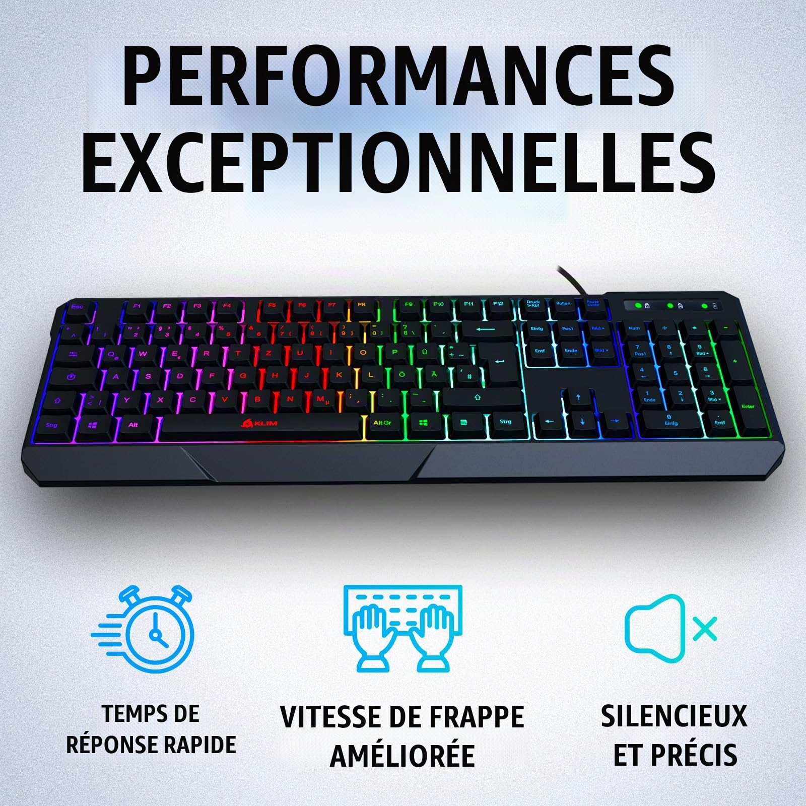 KLIM Chroma Clavier Gamers QWERTZ DEUTSHLAND Filaire USB - Haute Performance - Éclairé chromatique Gaming Noir RGB PC Windows, Mac PS4 [ Nouvelle Version ]