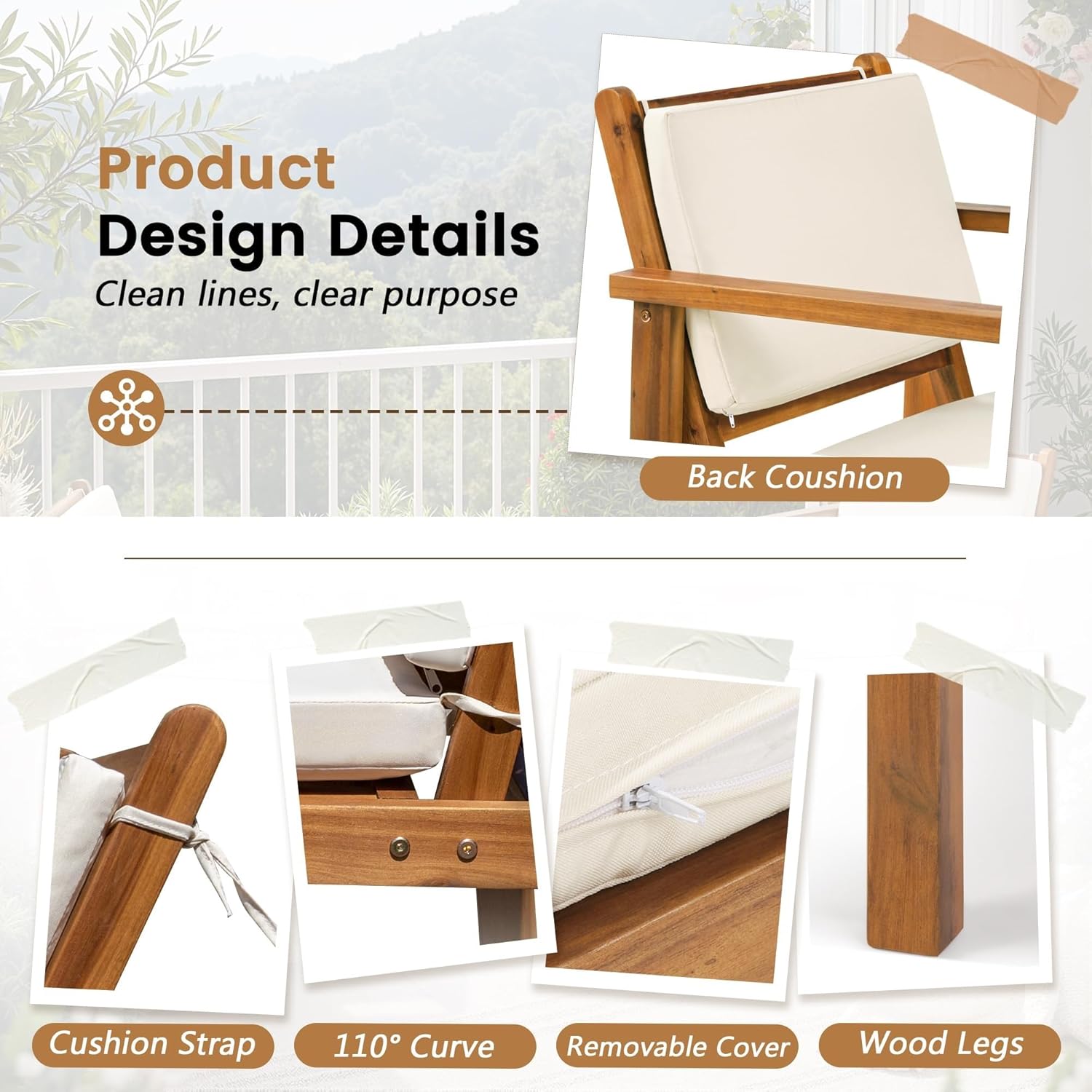 3 Piece Wood Patio Furniture with Coffee Table Cushions Outdoor Conversation Patio Furniture Sets for Backyard Porch Balcony Poolside Garden