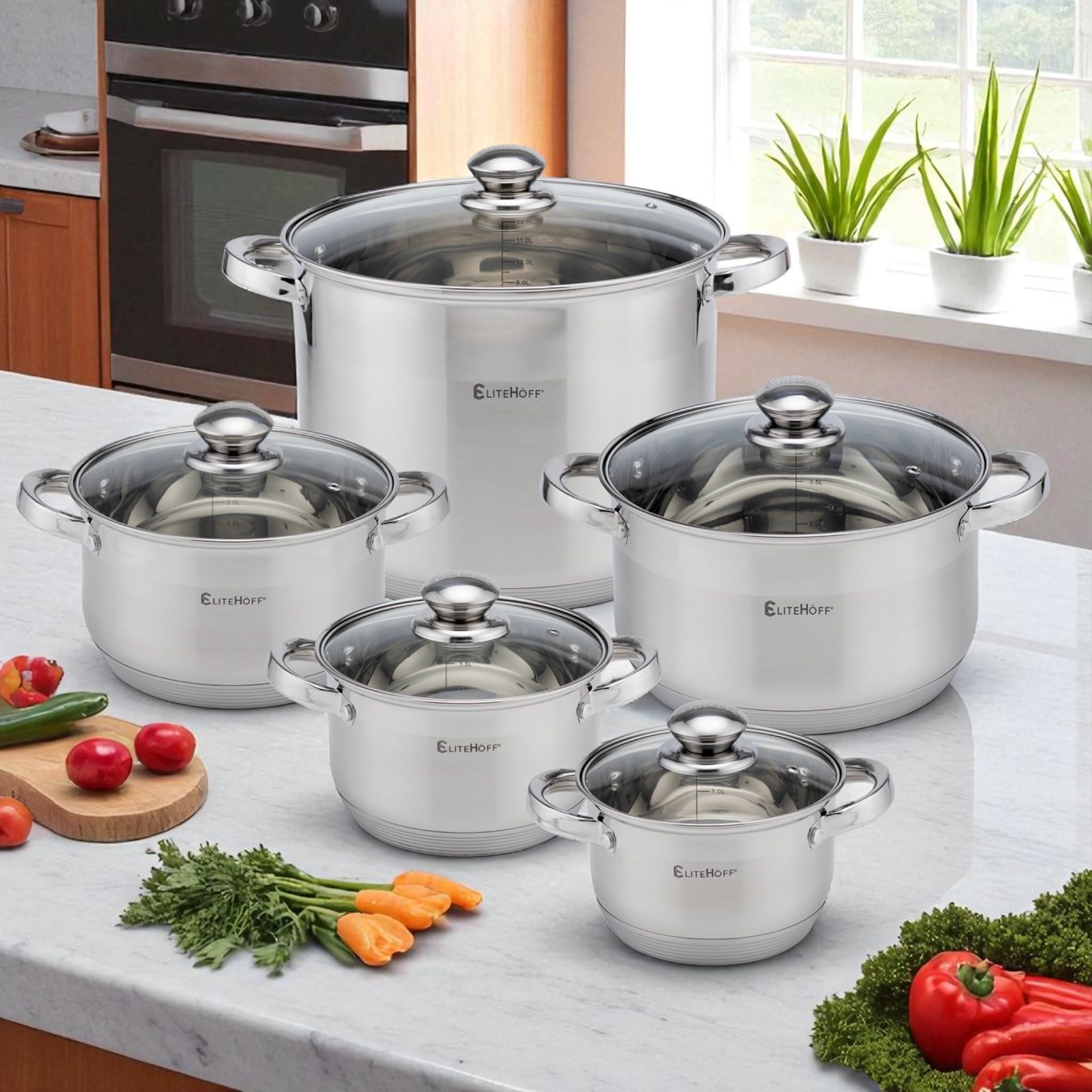 EliteHoff 10-teilig Induktion Kochtopf-Set, 7-lagig Edelstahl Kochtopf, 5er Set Töpfe mit Deckeln, für Alle Herdarten