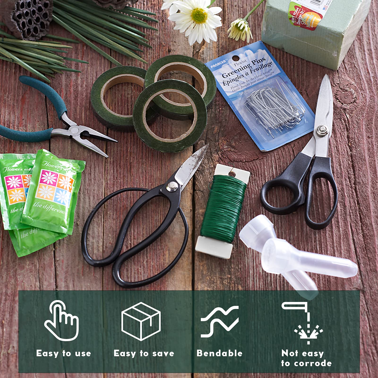 Paxcoo Blumendraht Set – 3 Rollen Grüner Paddeldraht 22 Gauge (je 91 M) + Drahtschneider, Für Basteln & Dekoration