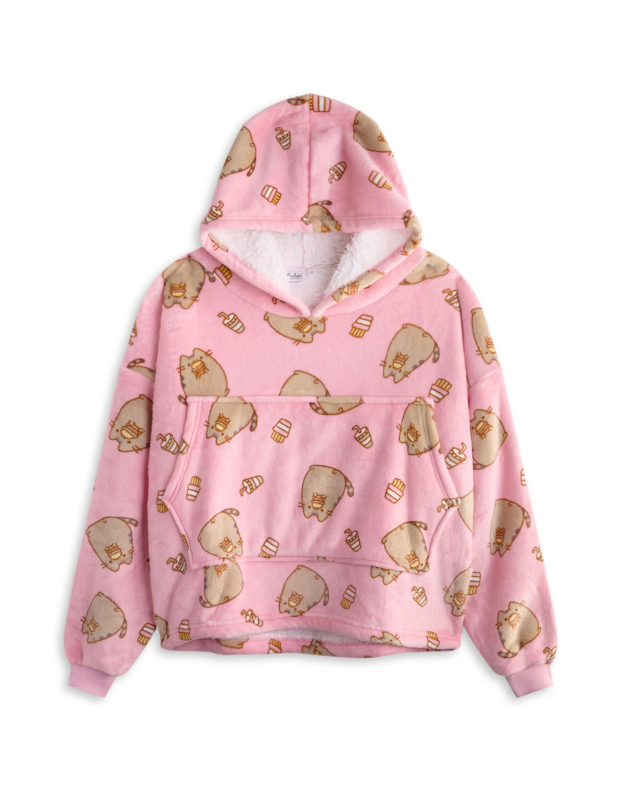 Pusheen The Cat Girls Pink Pusheen Wearable Blanket Hoodie | Kids Hooded Pullover Character & Food All Over Print | Childrens One Size Sherpa Lined Loungewear With Pockets | Internet Cat Merchandise Gift