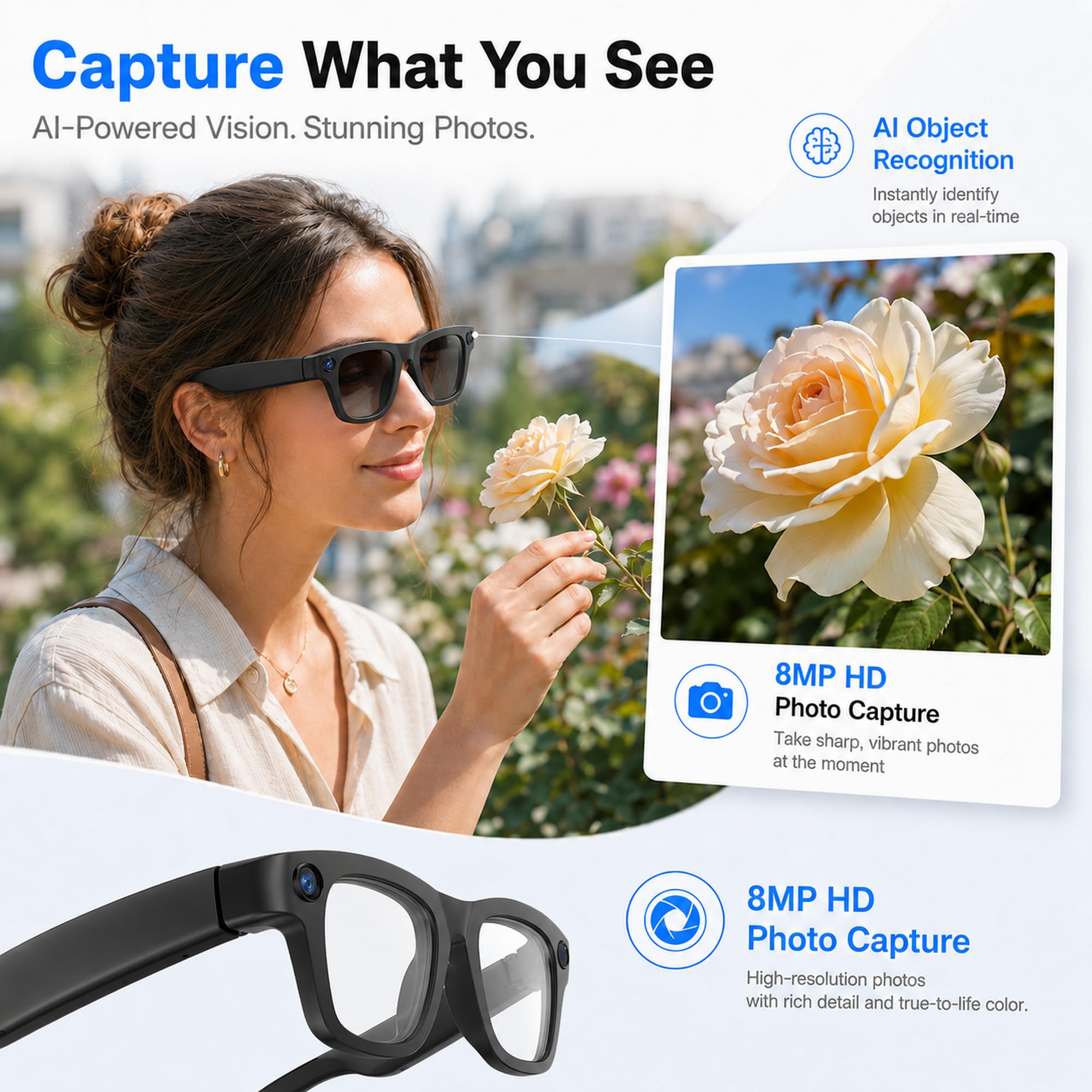 Occhiali Intelligenti con AI e Bluetooth, Occhiali con Telecamera 8 MP, WiFi, Telefono, Traduzione in Tempo Reale, Riconoscimento Degli Oggetti, Smart Glasses con Fotocamera e Video, Audio, Musica