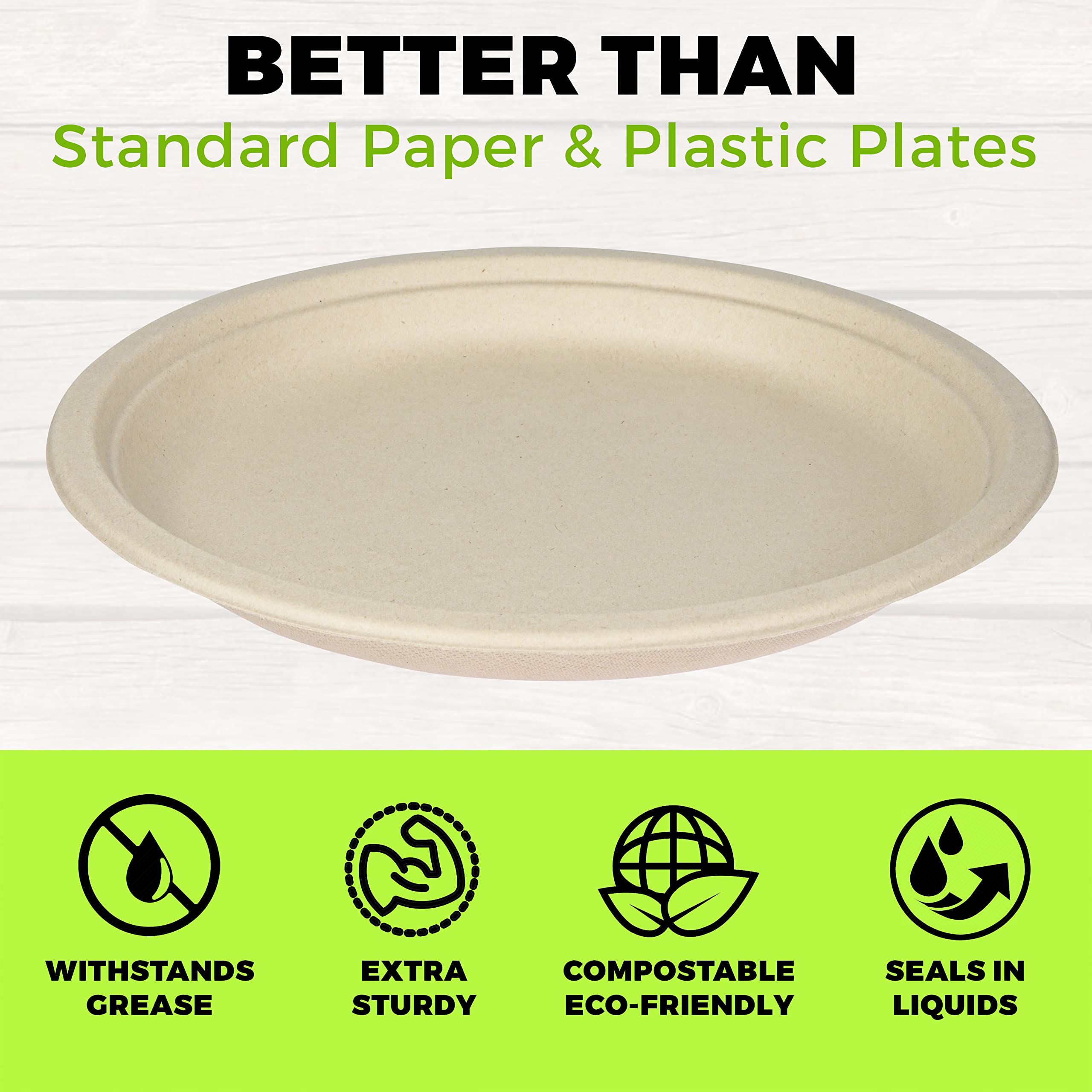 Platos resistentes | Platos desechables de 10 pulgadas para adultos y niños | Platos de papel de caña de azúcar ecológicos marrones son resistentes a cortes y fugas | Paquete de 125 (3 compartimentos)