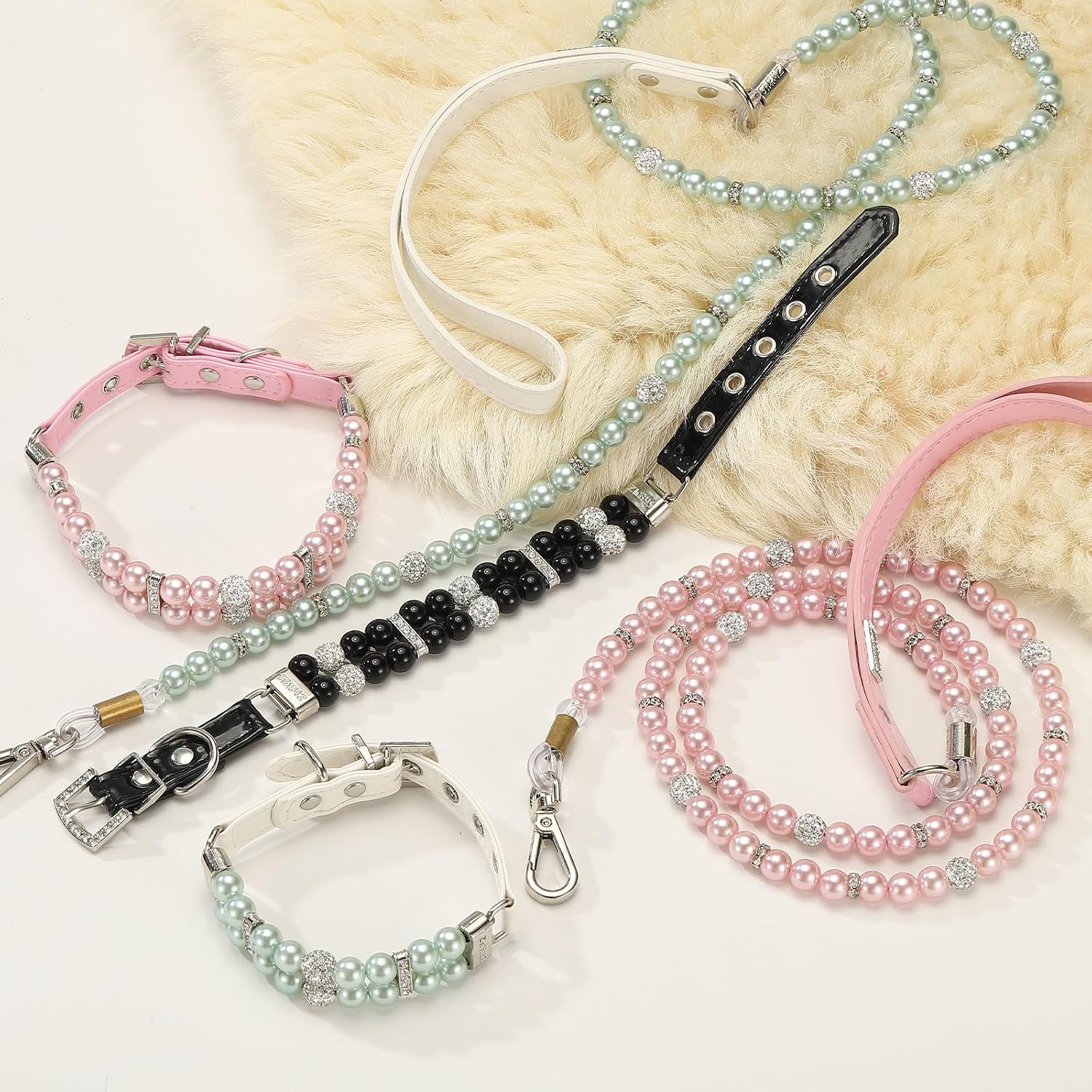 Pearl Dog Collar, Bling Pearl Cat Collar with Leash Fancy Crystal Rhinestone Luxury Beaded Cute Wedding Necklace, (White, S), Intended for Teacup/Puppies/Kitten/Small Pet image 4