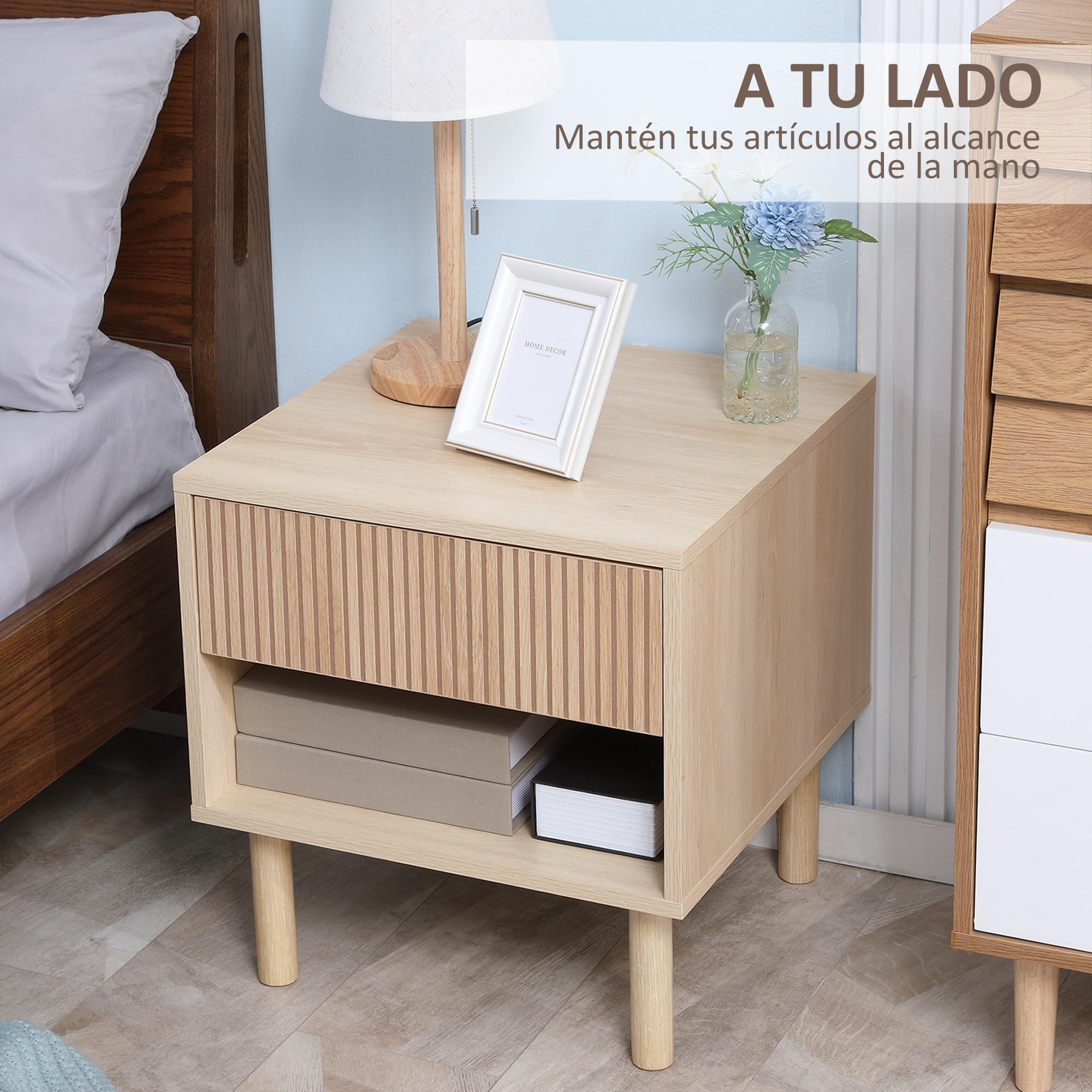 HOMCOM Mesita de Noche con Cajón y Estante 47x47x50 cm Madera Natural