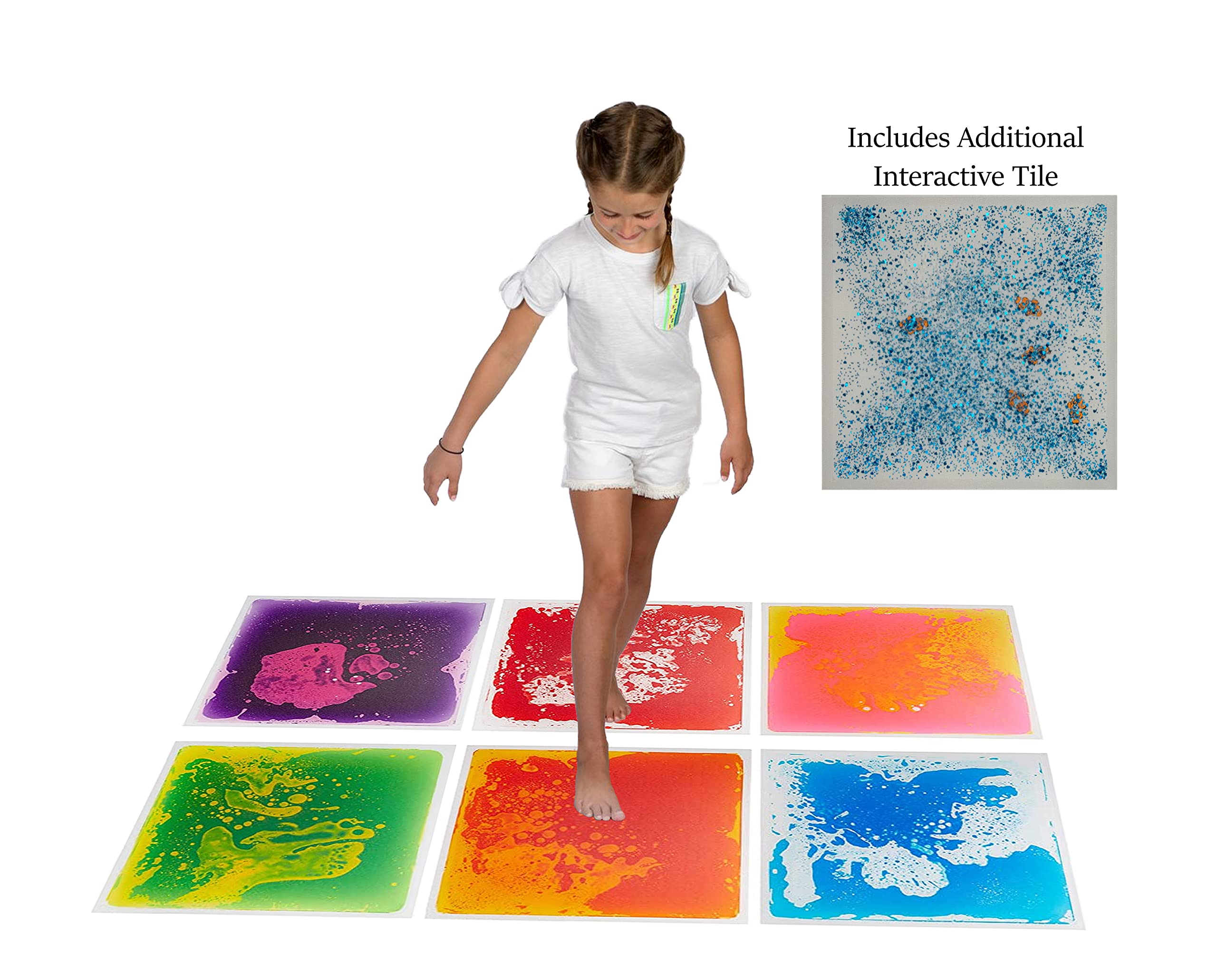 Playlearn Liquid Floor Tiles - Gel Sensory Tiles - with Additional "New" Interactive Tile Included - 7 Pack - 12 Inch