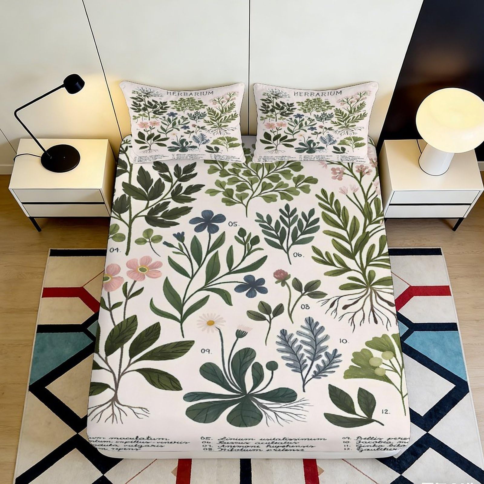 3D Printed Botanical Illustration Fitted Sheet Microfiber Soft Anti-Slip Floral Herbarium Mattress Cover for Bedroom Guestroom 180x200x25cm