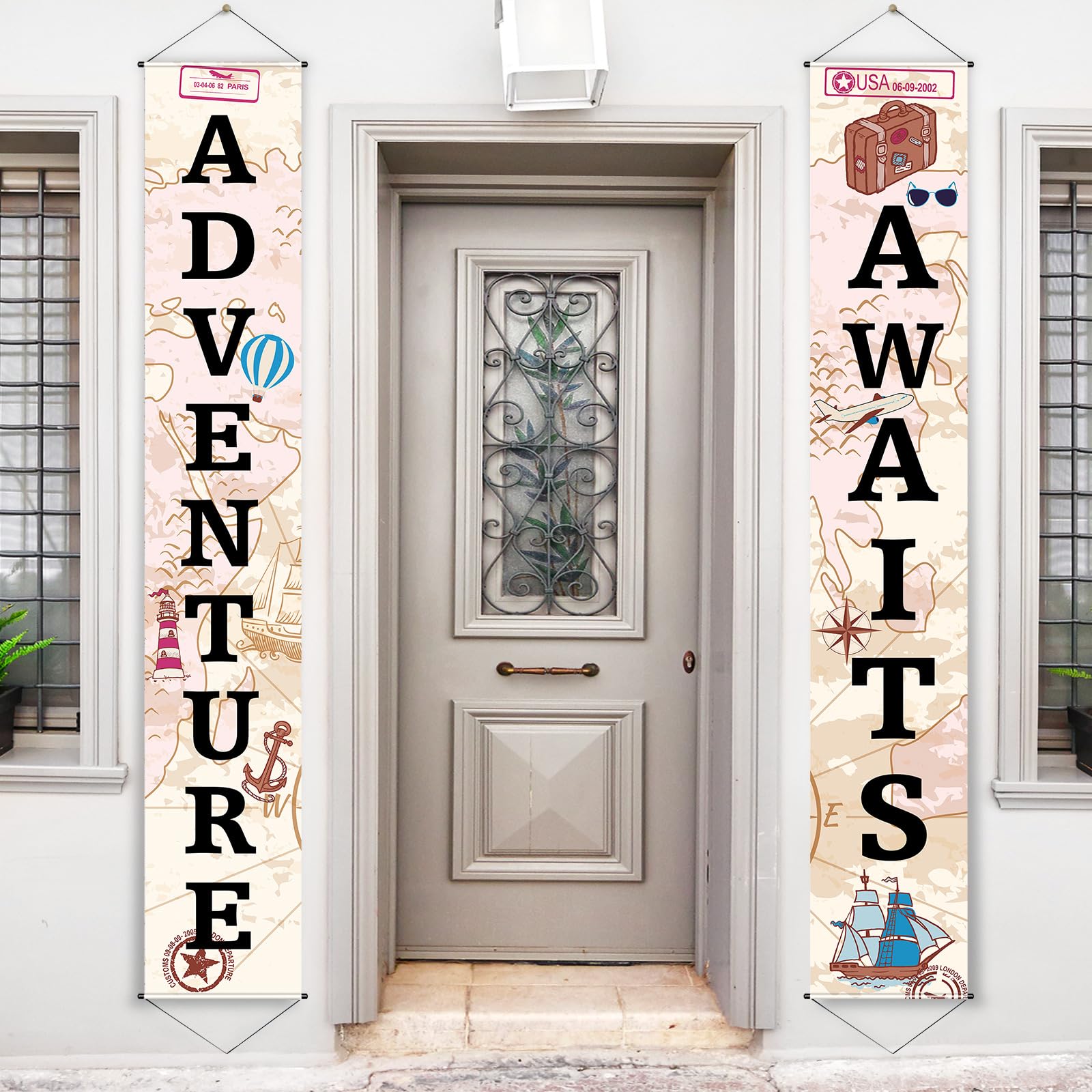 Adventure Awaits Bon Voyage Banner Garland Party Decoration Set Travel Themed Porch Sign Adventure for Indoor/Outdoor Retirement Moving Relocation Travel Wedding Bachelorette Party Decorations