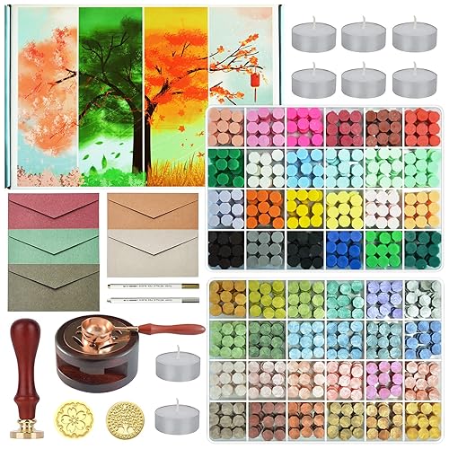 Wax Seal Stamp Kit with Gift Box,48 Color 1200 Pcs Wax Seal Beads with 2 Pcs Wax Seal Stamps, Sealing Wax Warmer, Metallic Pen and 10Pcs Tea Candles