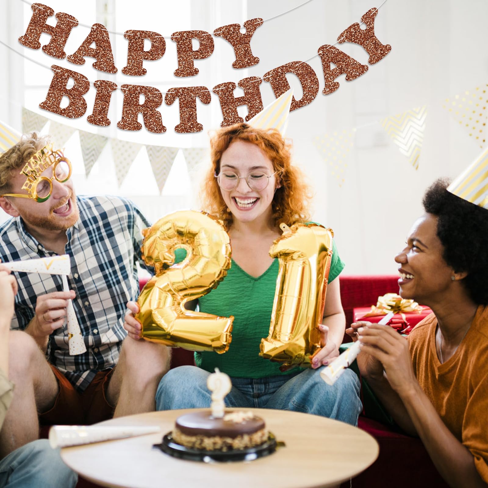 Brown Glitter Happy Birthday Banner - Birthday Party Decor Sign, Garland Bunting For Backdrop, Kids & Adults