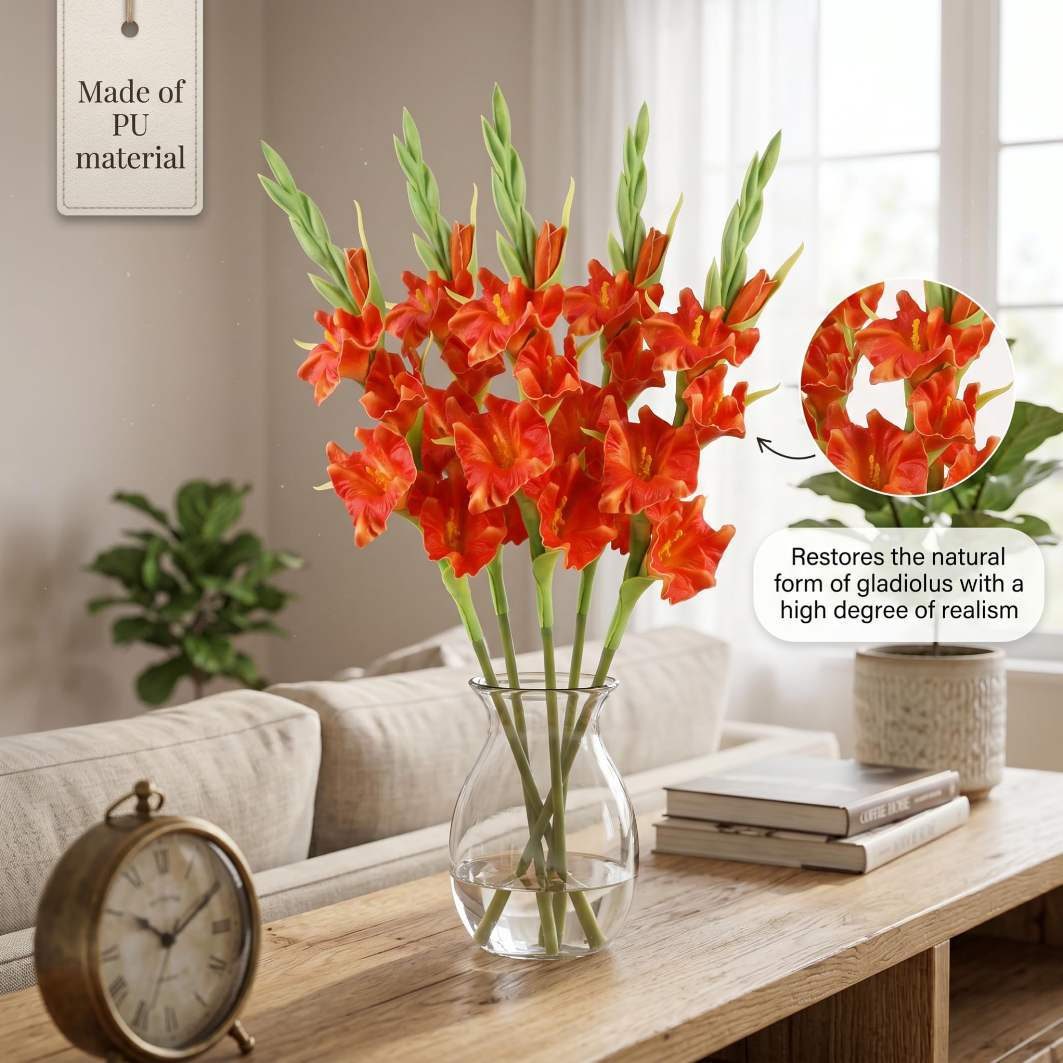 6 Stück Gladiolen, künstliche Blumen, 55, 9 cm, realistische Kunstblumen für Vasen, Blumenstiele für Heimdekoration, Orange