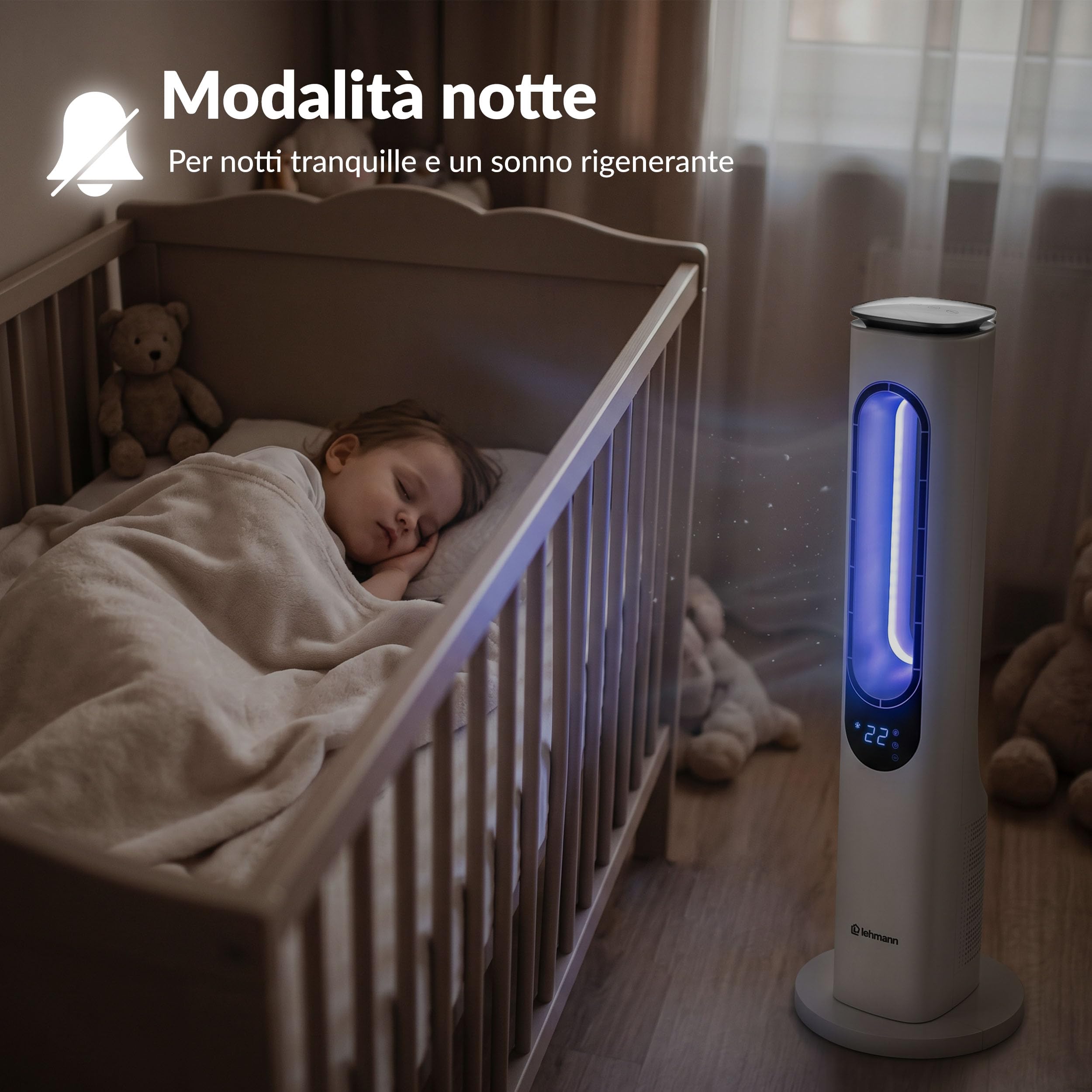 LEHMANN Ventilatore a Torre senza Pale, Ventilatore a Colonna Silenzioso con Modalità Notte, Telecomando, Schermo LED, Timer 1-15 h, 3 Velocità, 3 Modalità, 3 Colori di Illuminazione, Oscillazione