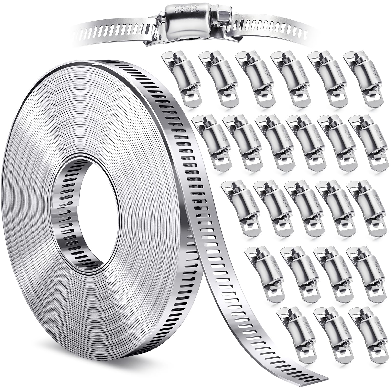 Hose Clamps- Stainless Steel Hose Clamp DIY 50FT Metal Strap 24 Stronger Fasteners Large Adjustable Worm Gear Clamps For Fuel Line, Plumbing