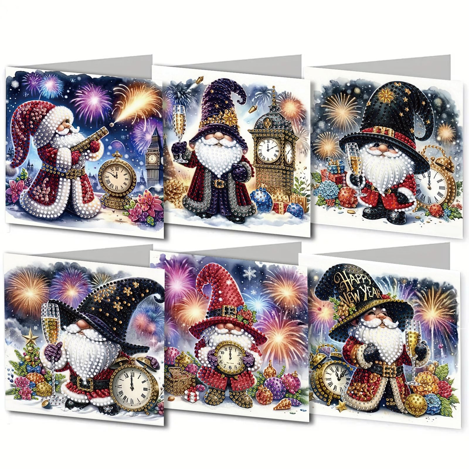 6pcs Diamond Painting Birthday Cards, Special Shape Art Craft Creative Gifts, Perfect for Christmas New Year Birthday Thanksgiving Festival(Clock Santa Claus)
