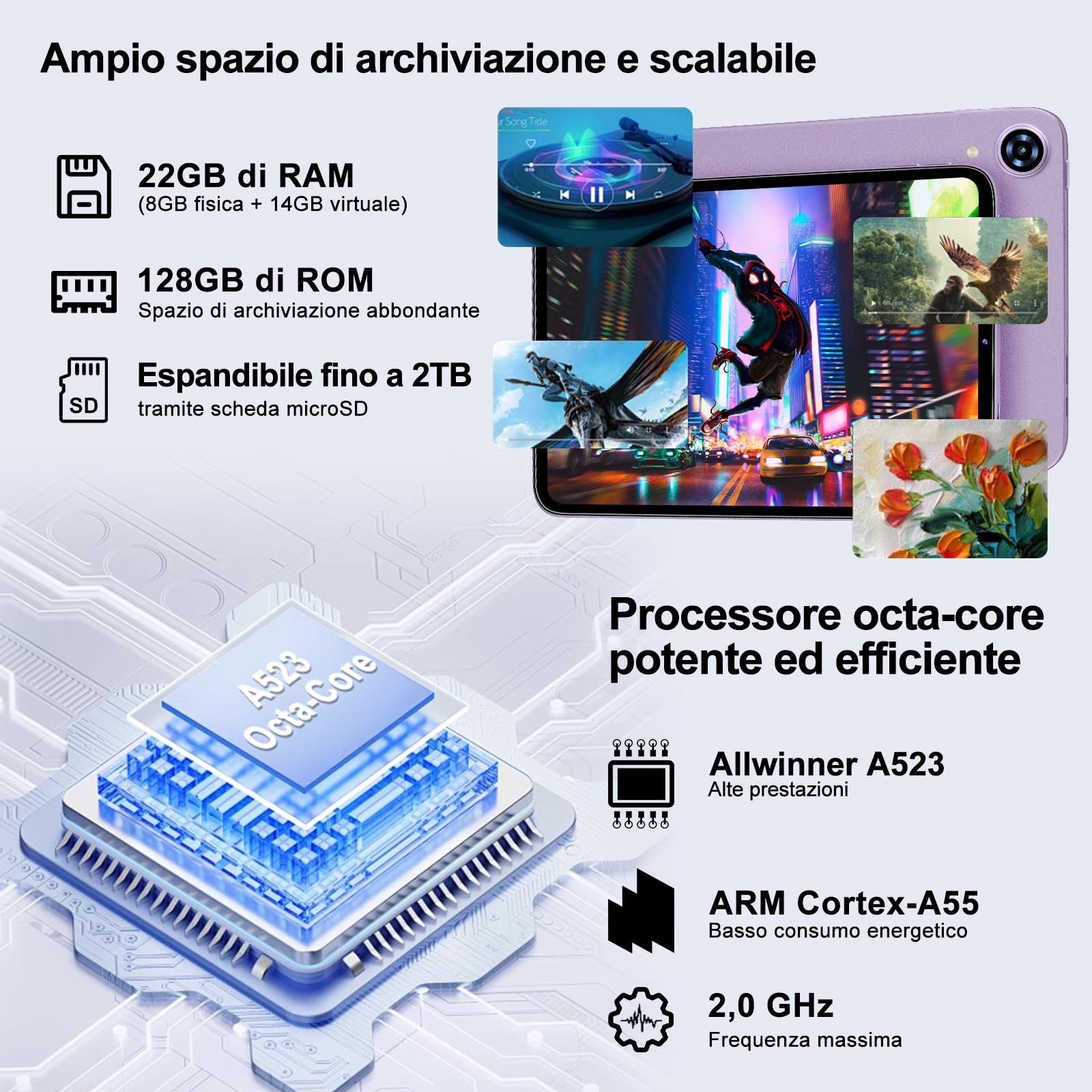 Tablet 10 Pollici Android 15 con Gemini AI, 22GB RAM+ 128GB ROM+2TB Esp., Widevine L1, Octa-Core, WiFi 6, BT 5.0, 6000mAh, Fotocamera 8/5 MP, con Tastiera, Mouse e Custodia, Corpo in Metallo, Viola