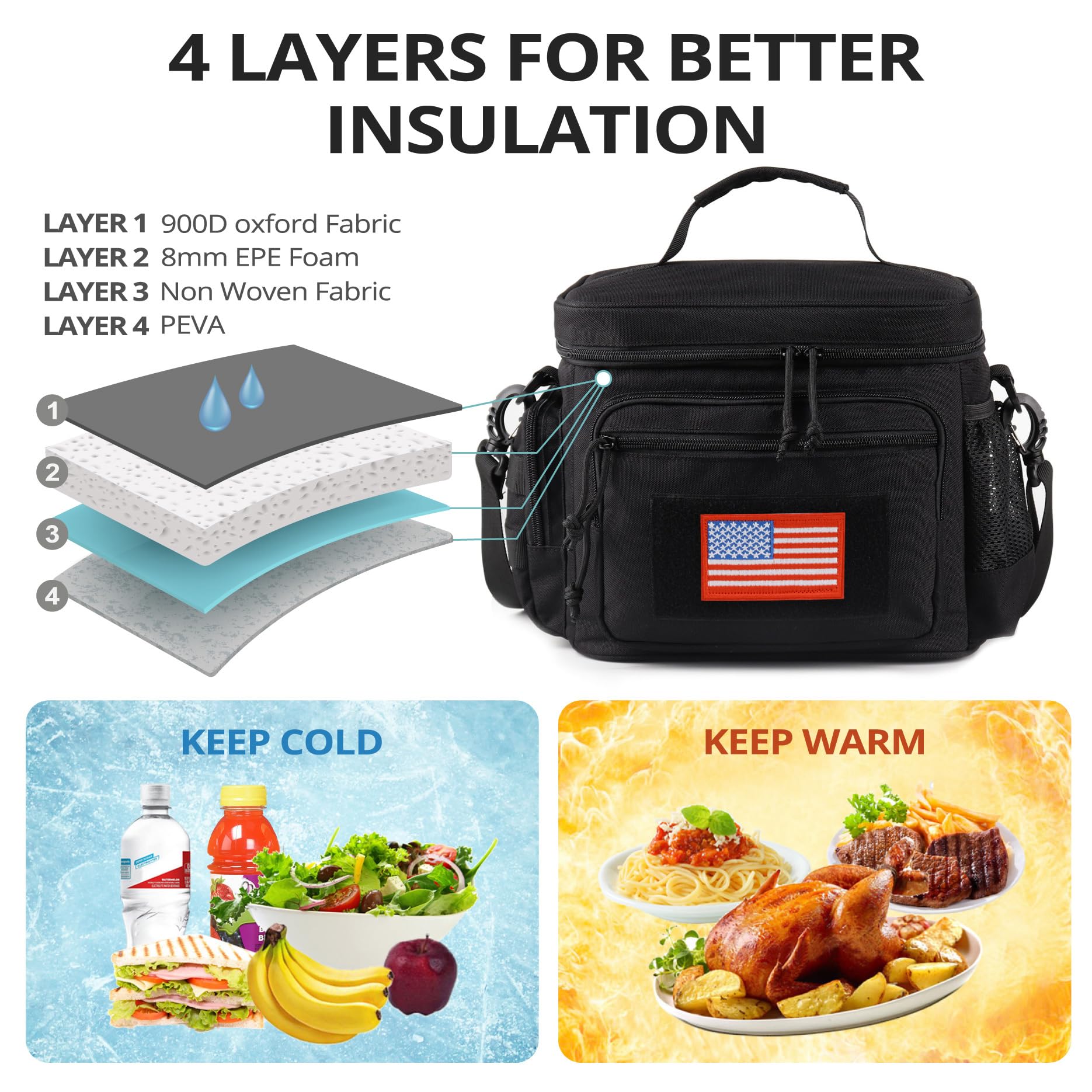 ATRIPACK Borsa portapranzo da uomo, tattica, con cinghia MOLLE, a prova di perdite, isolata, grande, per donne e adulti, con tracolla regolabile, durevole secchio per il pranzo (nero)