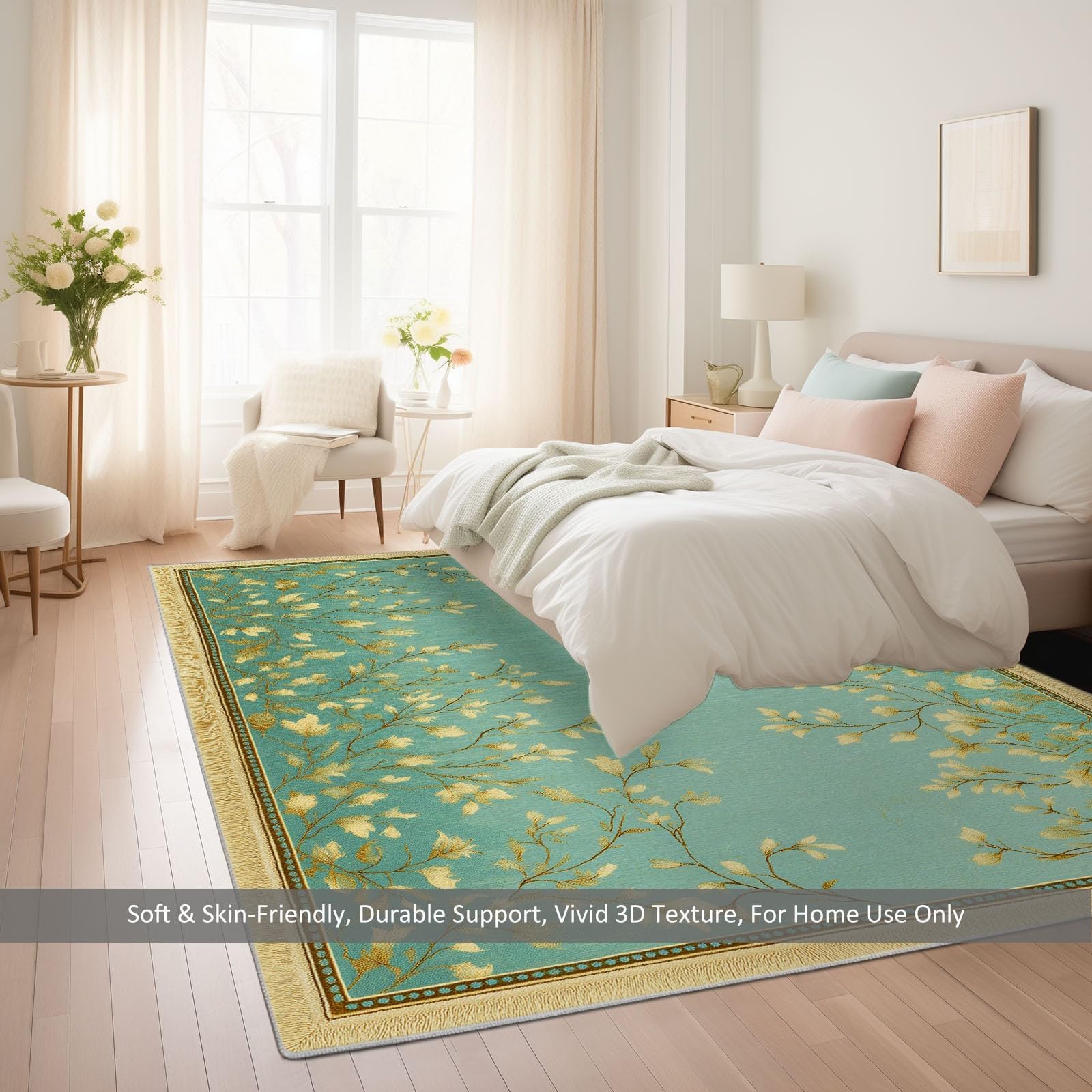 Tapis de Salon Lavable 150x180cm Vert Sauge à Poils Courts, Motif Floral champêtre, antidérapant, pour Bureau, Balcon, Salle de Bain
