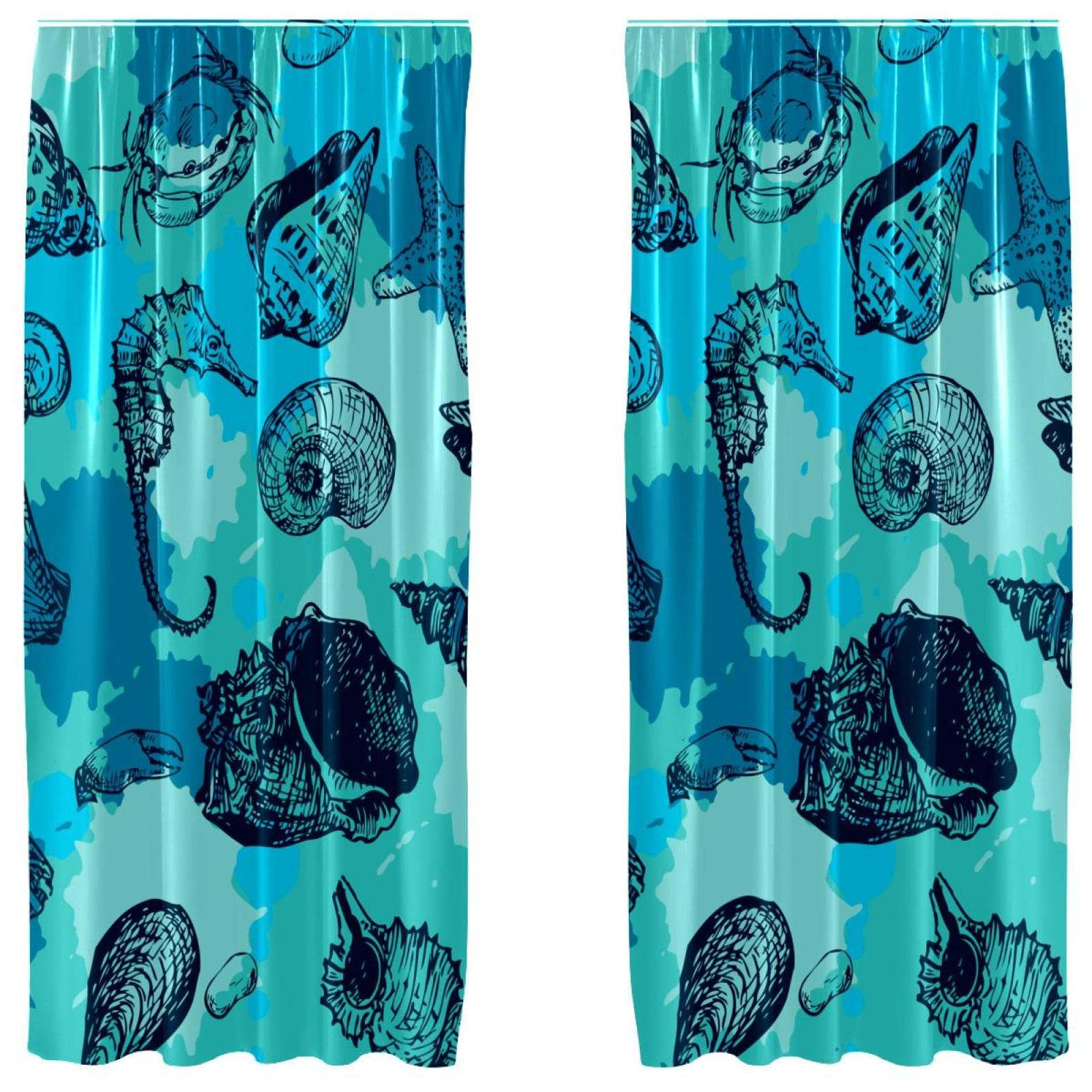 Rideaux bleu eau hippocampe coquillages etoile de mer salon 140x213
