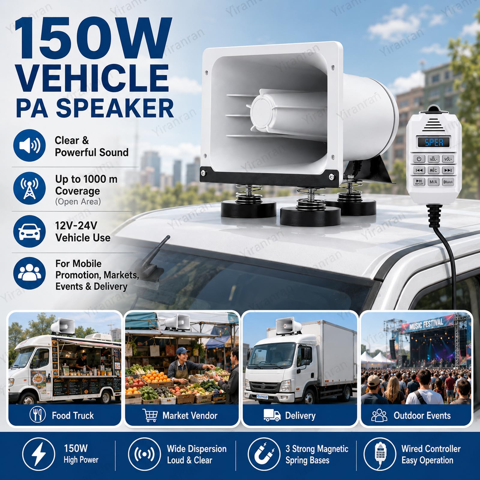 Altoparlante Impermeabile Da Esterno Da 150 W, Megafono Per Auto, Riproduzione Usb/tf, Registrazione Di 520 Secondi, Connessione Intelligente A Telefoni Cellulari E Tablet, Per Veicoli, Sirena
