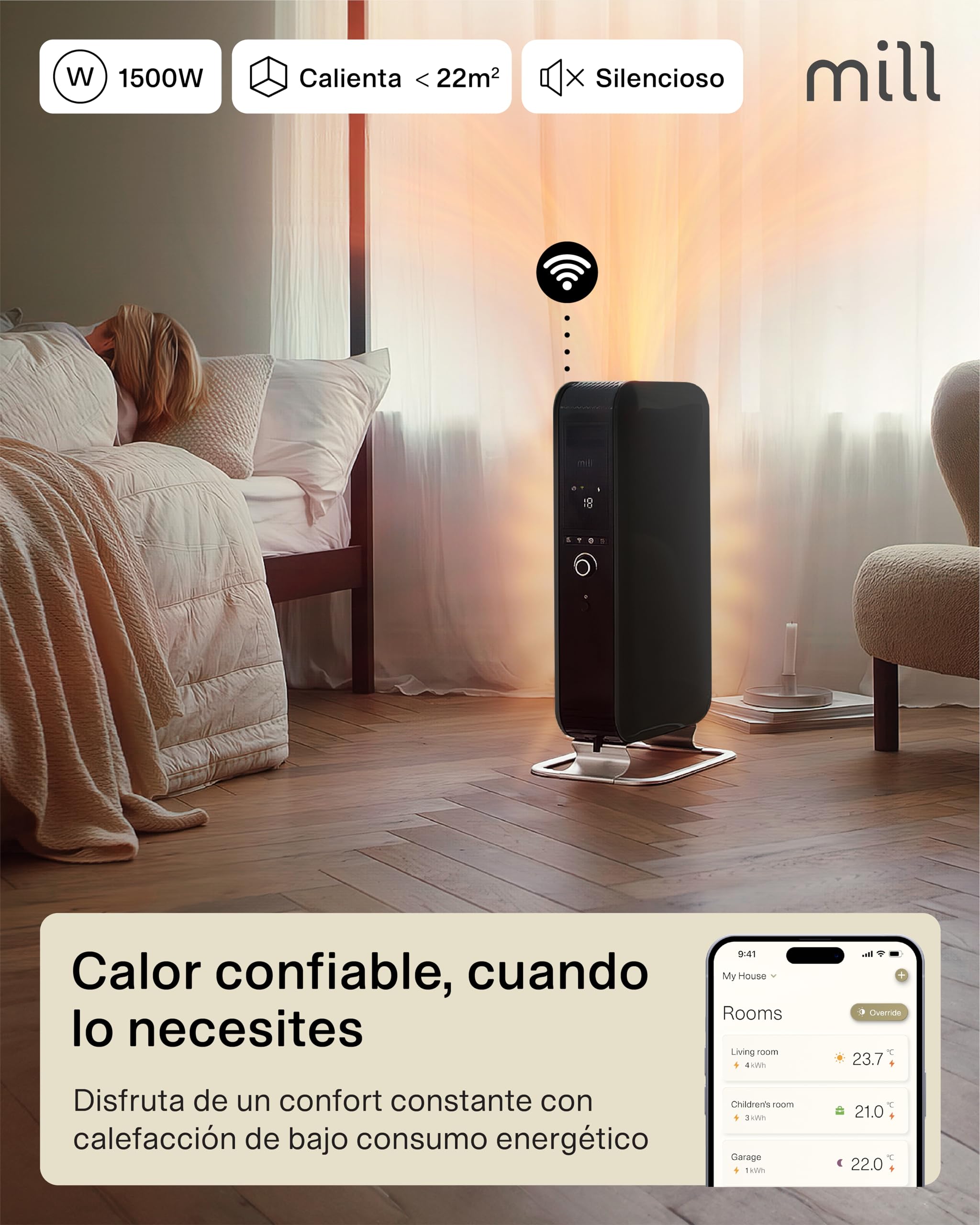 MILL Radiador de Aceite 1500 W WiFi, Calefactor Eléctrico Inteligente con App para 18–22 m², Radiador Eléctrico de Bajo Consumo Diseñado en Noruega, Silencioso y Seguro, Radiador de Pie, Negro