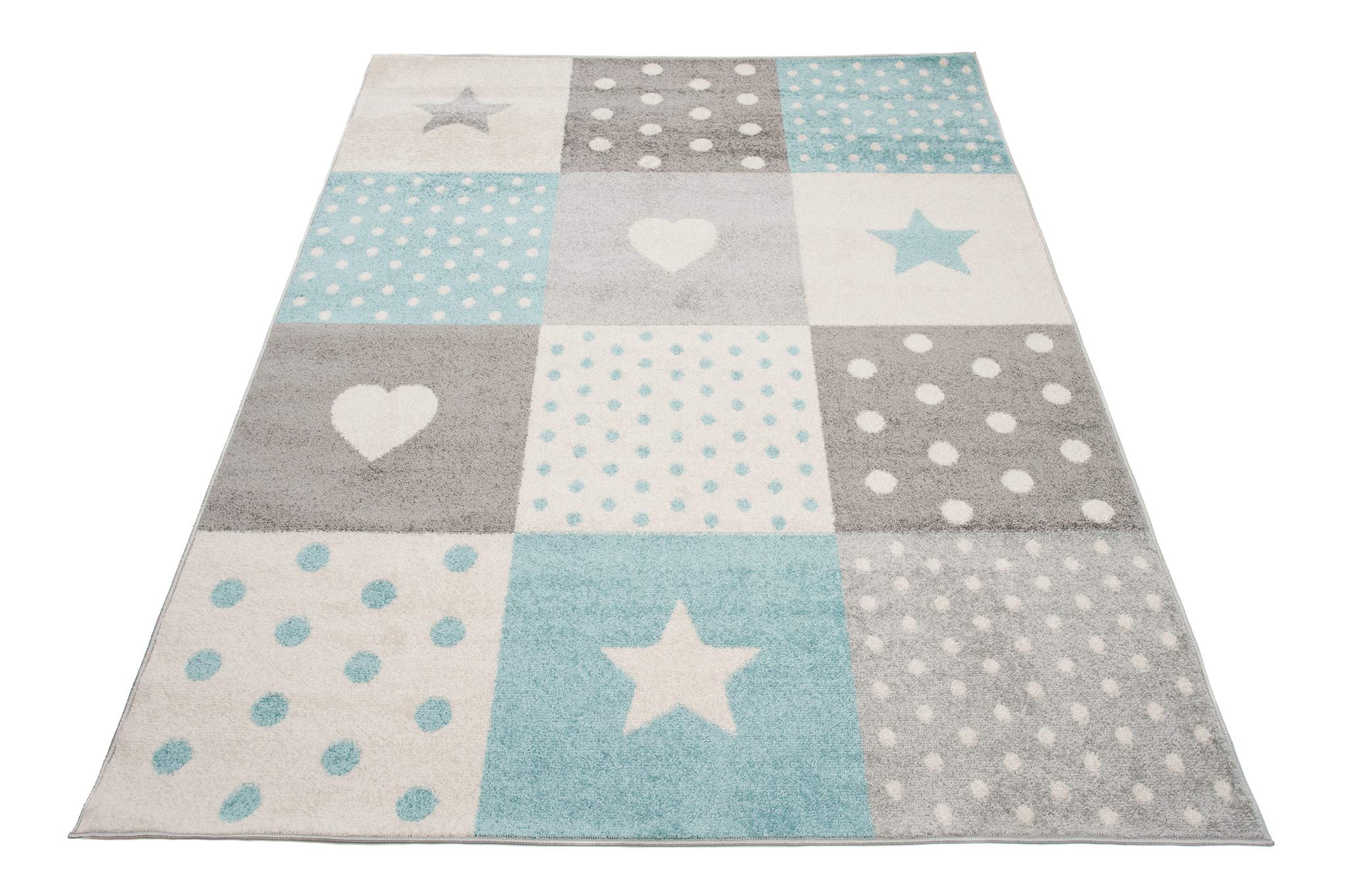 TAPISO Lazur Kinderteppich Kurzflor Sterne Grau Blau Herz 80 x 150 cm