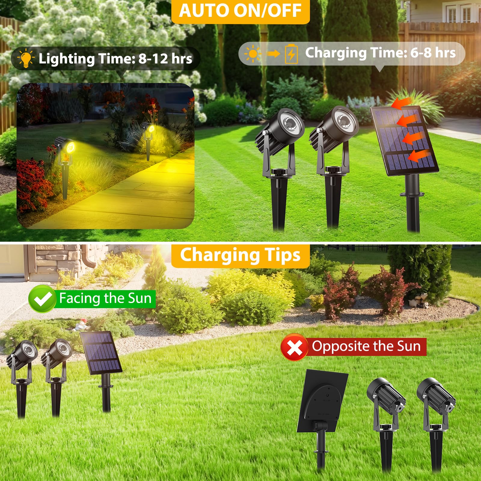 T-SUNUS Lampada solare per esterni da giardino, faretto solare per esterni caldo, con 2 modalità di illuminazione, cavo 3 metri, auto ON/OFF, IP65 impermeabile per sentiero alberi vialetto Halloween