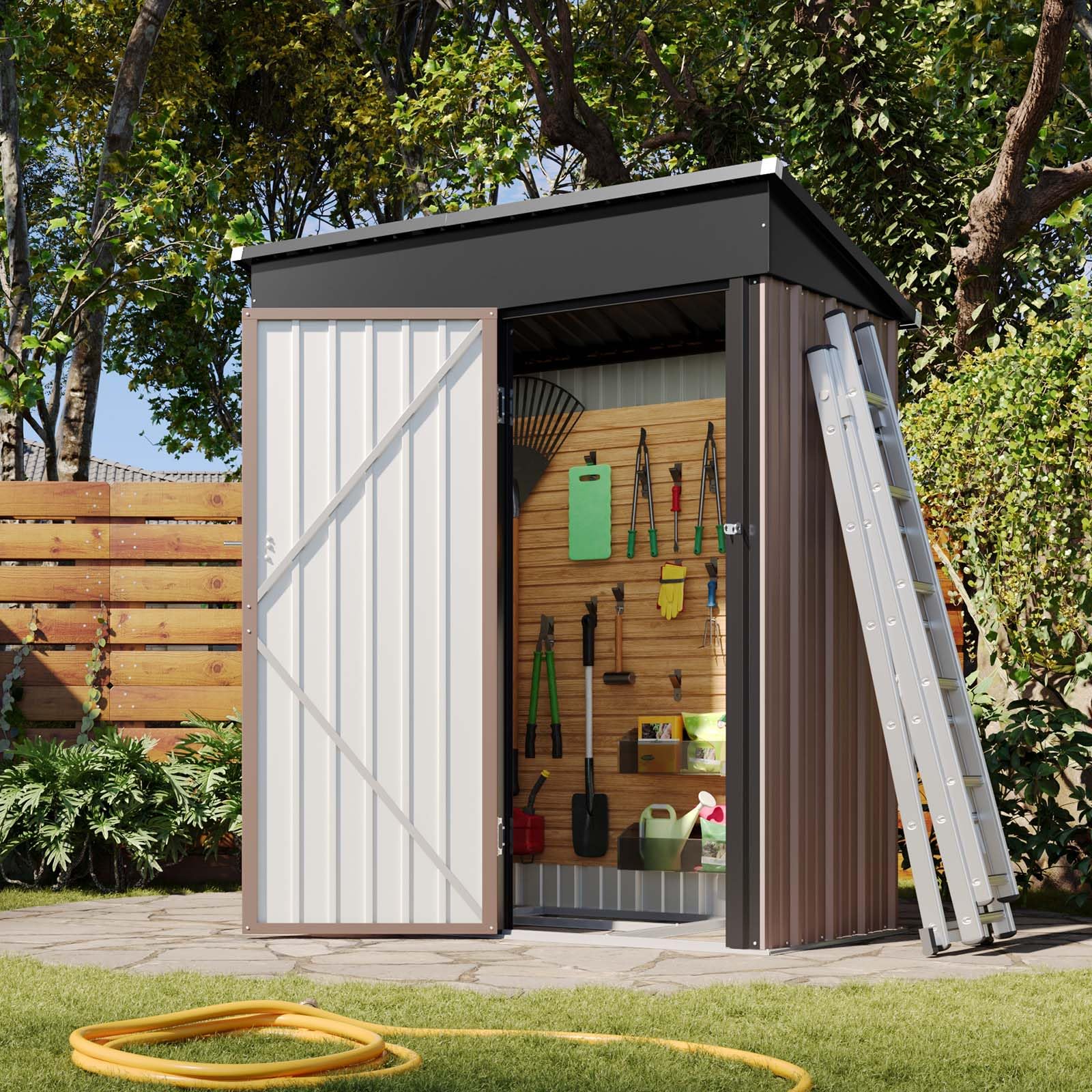 Aoxun Garden Sheds 6x4ft, Metal Shed Bike Tool Shed, Sheds and Outdoor Storage with Lockable Doors & Slooping for Backyard, Patio, Poolside,Brown — view 19