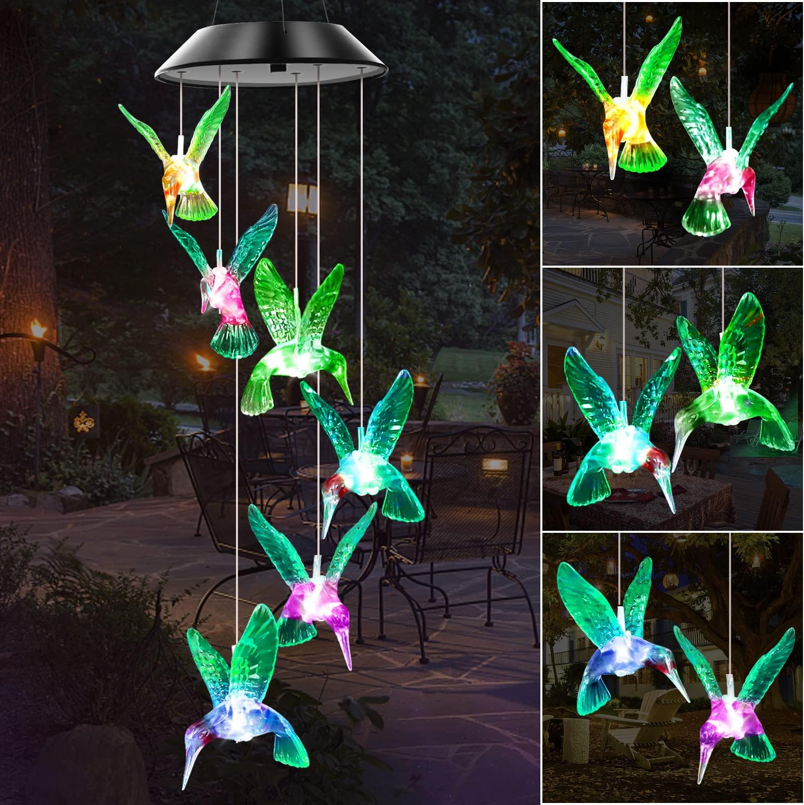 WENANA Green Hummingbird Solar Wind Chimes Color Changing Lights Outdoor, Bes...