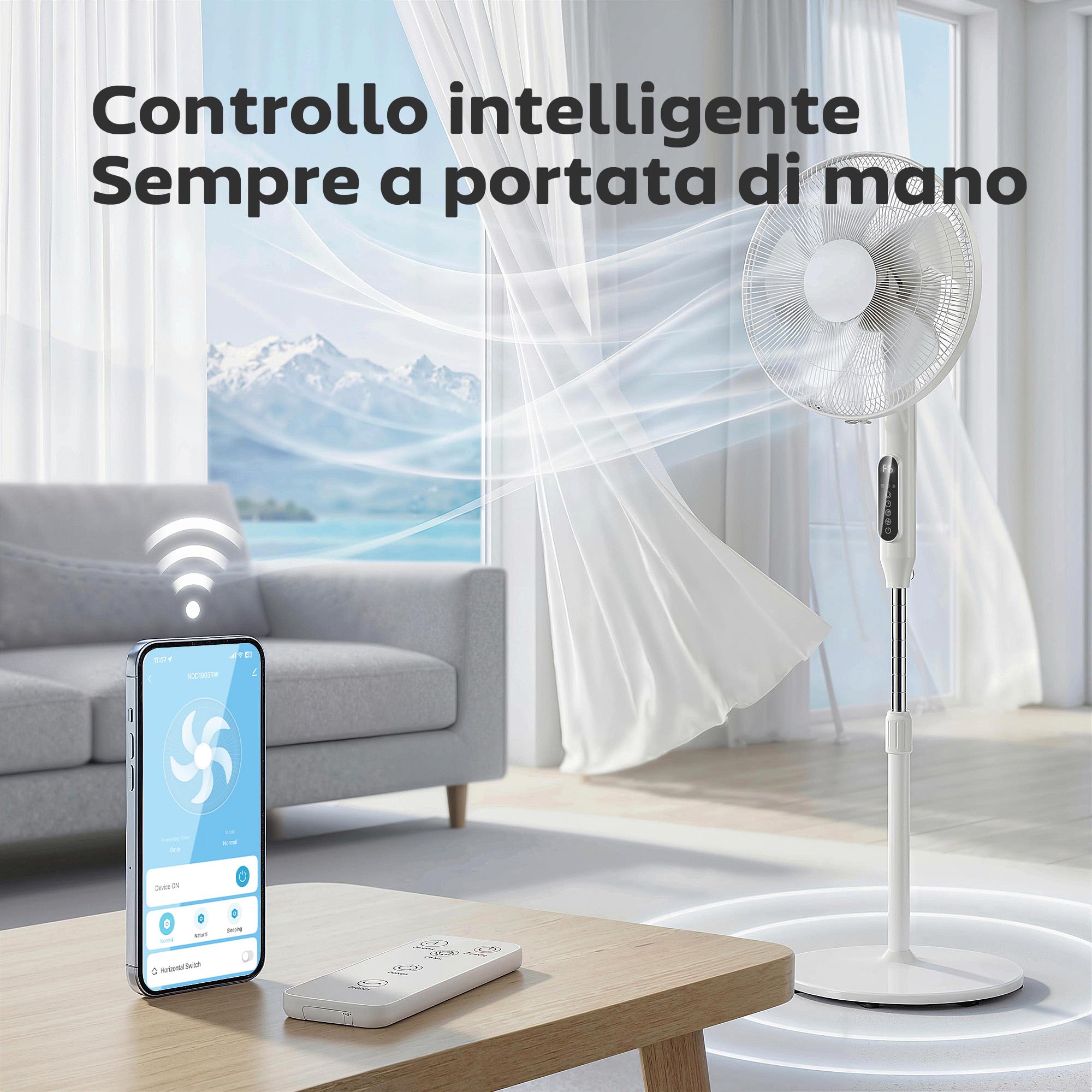 HOMCOM Ventilatore a Piantana 45 cm con Telecomando, 3 Velocità, Altezza Regolabile, Timer 15h, WIFI Controllo, Oscillante, Ventilatore da Terra per Camera, Bianco