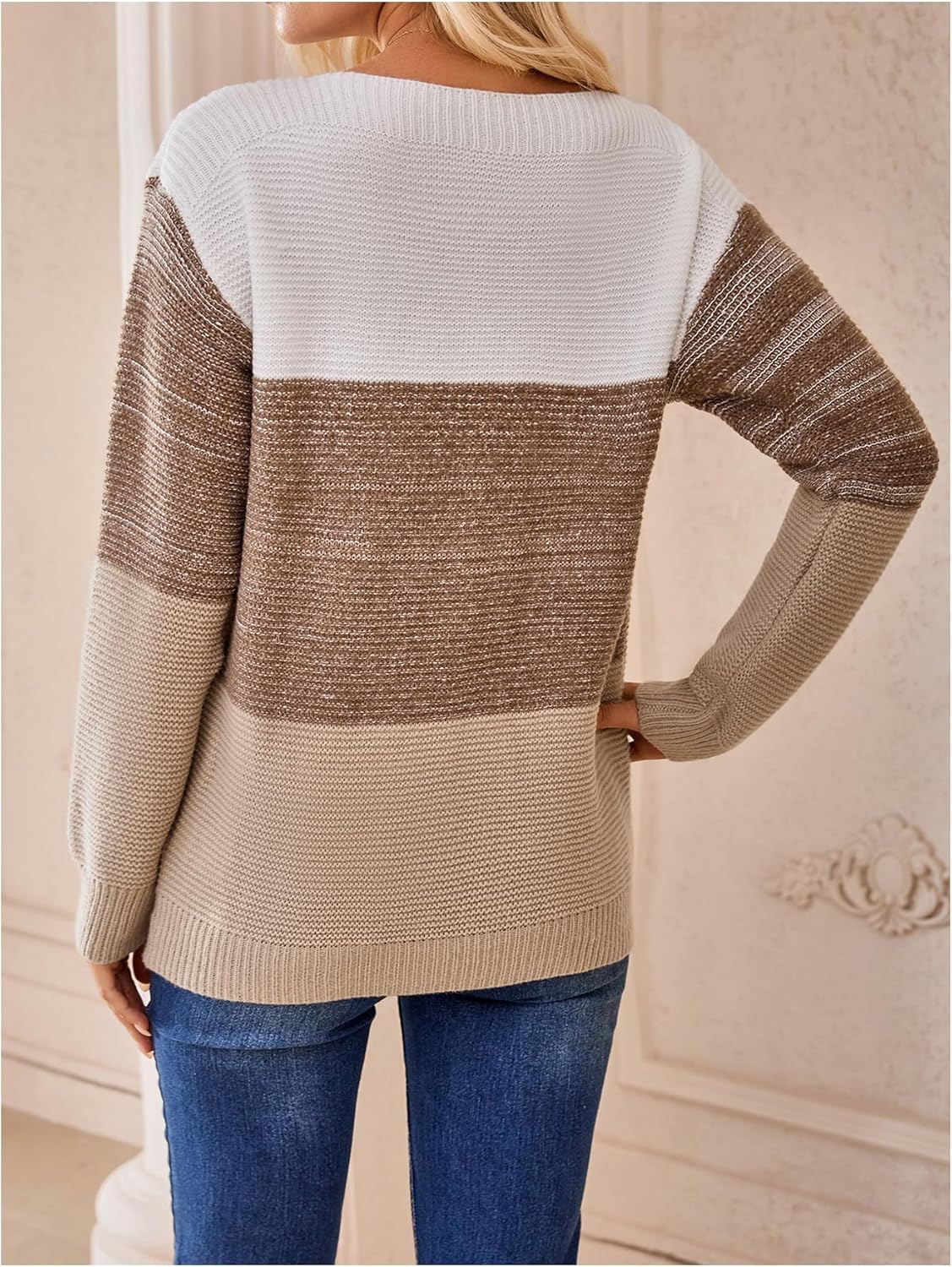 Verdusa Women's Cozy Color Block Pullover Sweaters Old Money Boat Neck Knit Tops - Image 2