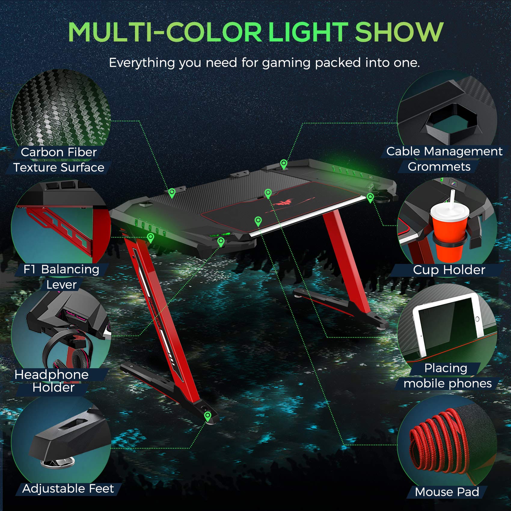 Amazon.com: EUREKA ERGONOMIC 50 Inch Z Shaped Gaming Desk with LED Lights,  Cable Management, Hidden Headphone and Cup Holder, Free Mouse Pad, Red :  Home & Kitchen