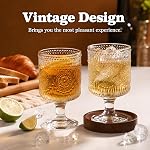 Pumtus 6 Pack de verres à vin vintage, 8 OZ Set de lunettes de gobelet florale embossé, Verre à cocktail à courte tige claire, Coupe de jus de motif pressé unique pour thé glacé, whisky, bière, dessert, fête, anniversaire