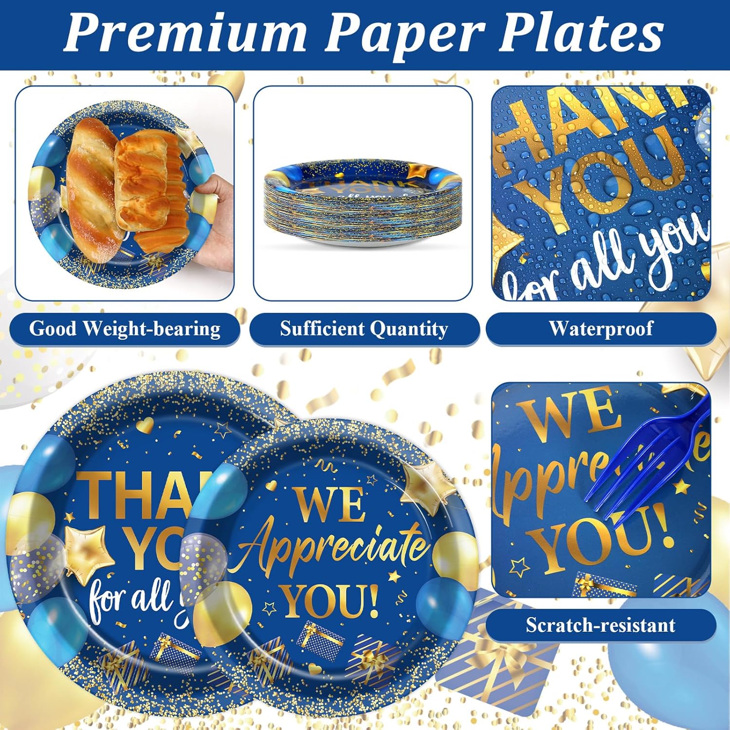 96Pcs Thank You Party Decorations We Appreciate You Plates and Napkins, Blue Gold Appreciation Paper Plates for Teachers Employee Staff Pastor Volunteer, Retirement Party Decor Serve 24 - Image 3
