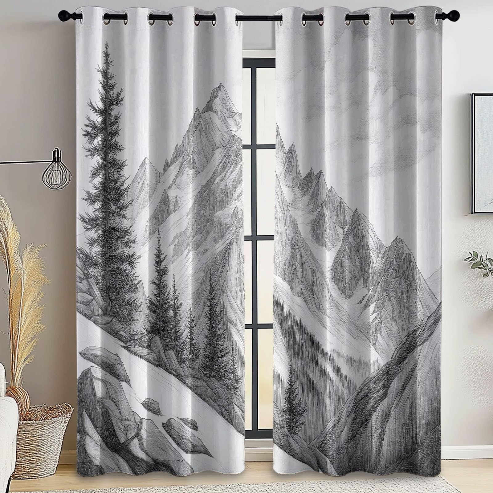 Blackout Curtains Bedroom Simple Hand-Painted Style Mountain Pattern, Geo-Thermal Insulated Energy Efficiency Window Treatment Sets Grommet Drapes for Kids Room 52
