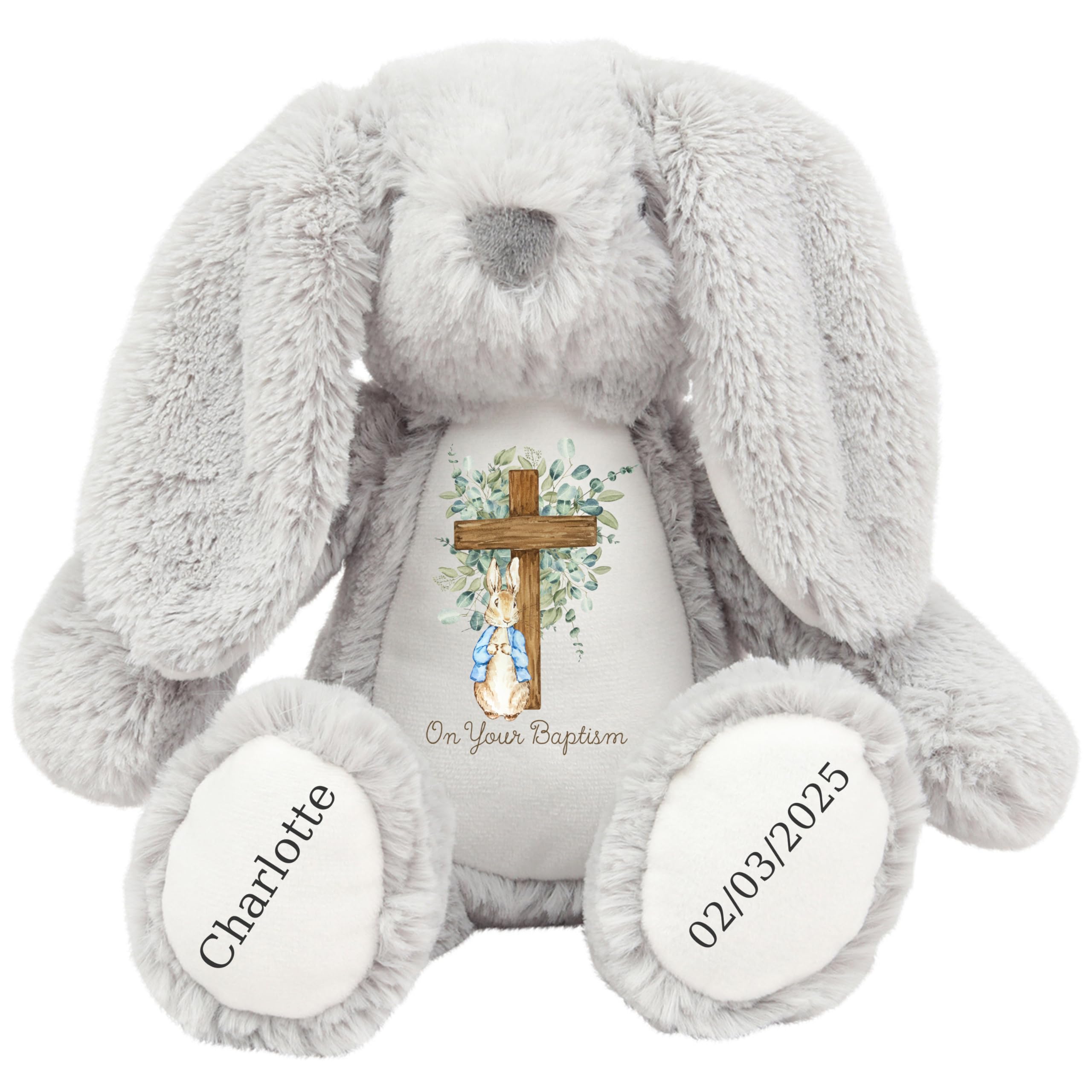 HotScamp Personalised Baptism Bunny with Name - Peter Cross Rabbit On your Baptism Day Soft Toy for Baby, Child, Kids, Babies Christening Church Spring Time - Pink Letter Grey Bunny