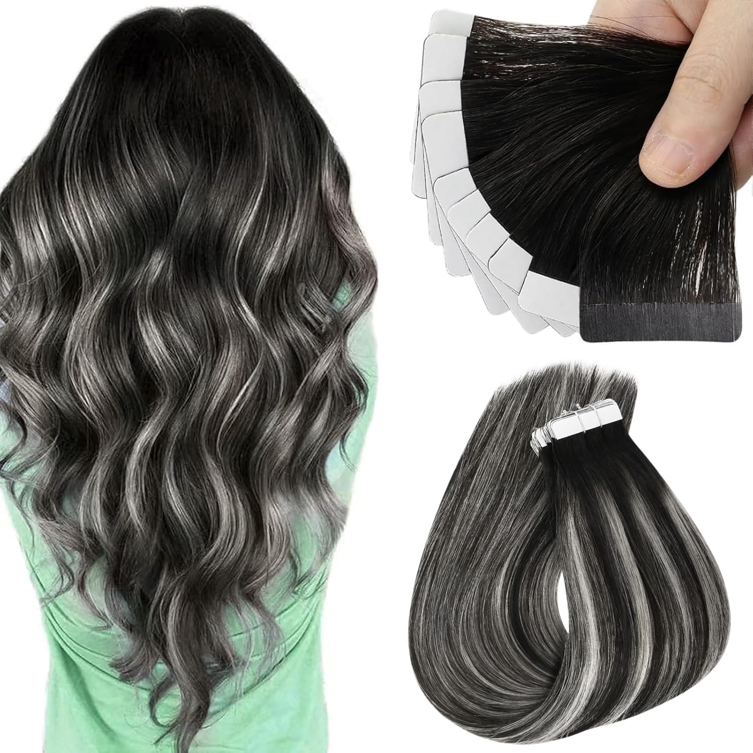 Sunny Hair Tape in Hair Extensions Real Human Hair Invisible Remy Hair Extensions Tape ins for Women Ombre Natural Black Root to Sliver Grey 20 inch