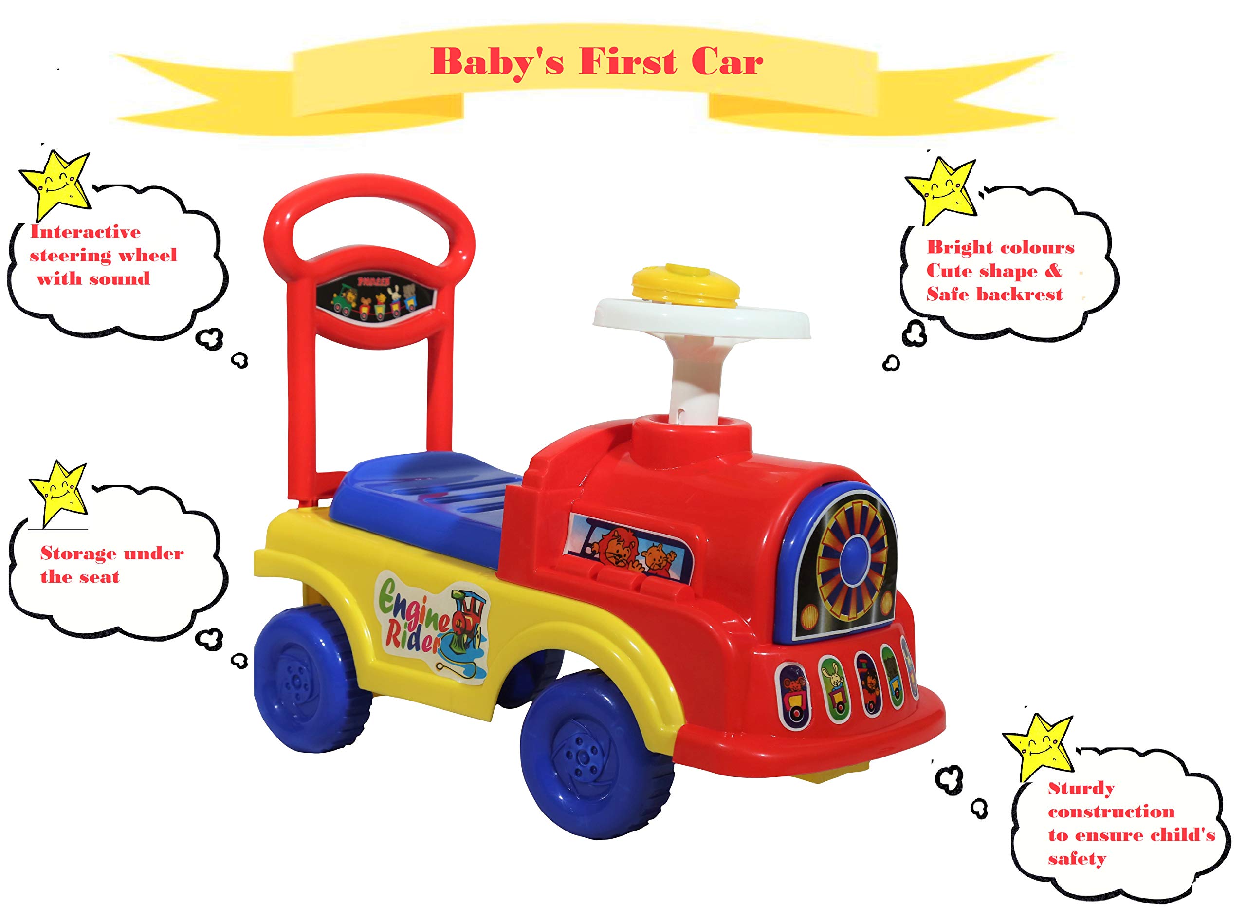 JoyRide Kids Musical Push and Pull Baby Engine Ride-on with Backrest (Multicolour)