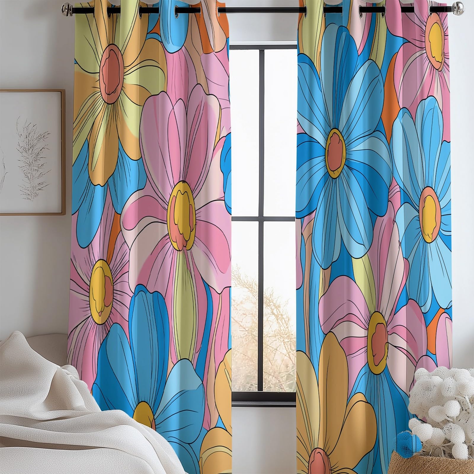 Thermovorhang Kälteschutz Pink Blue Retro Mode Blumenmuster, Blickdichte Gardinen mit Ösen für Schlafzimmer, Verdunklungsvorhänge 2er Set, H 260 x B 140 cm