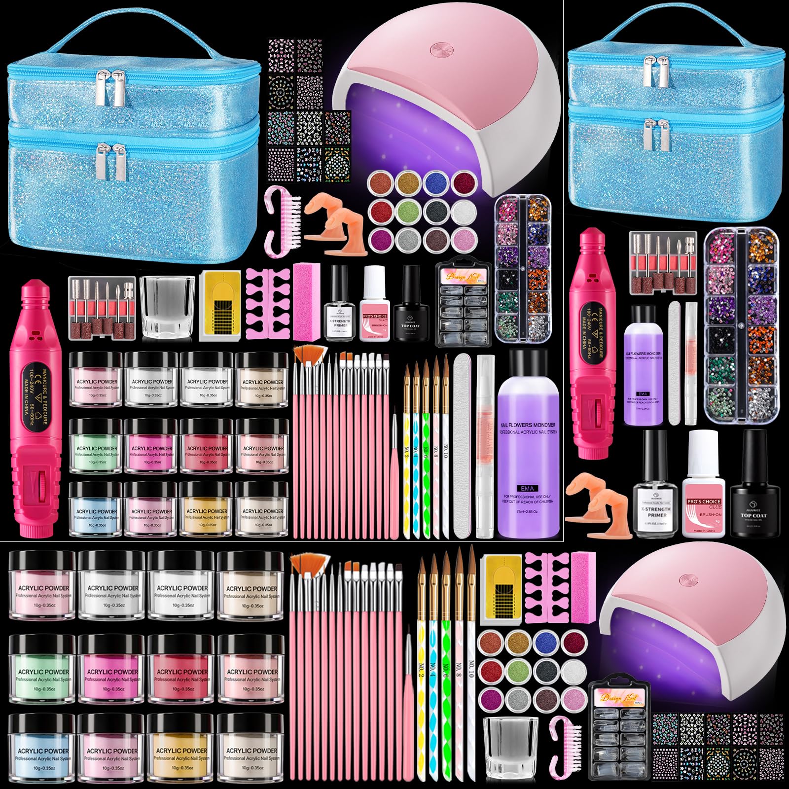 Yokilly Kit d'ongles en acrylique avec tout : 12 couleurs de poudres acryliques liquides avec lampe d'entraînement pour les doigts – Kit de démarrage pour les ongles pour débutants dans un sac cadeau